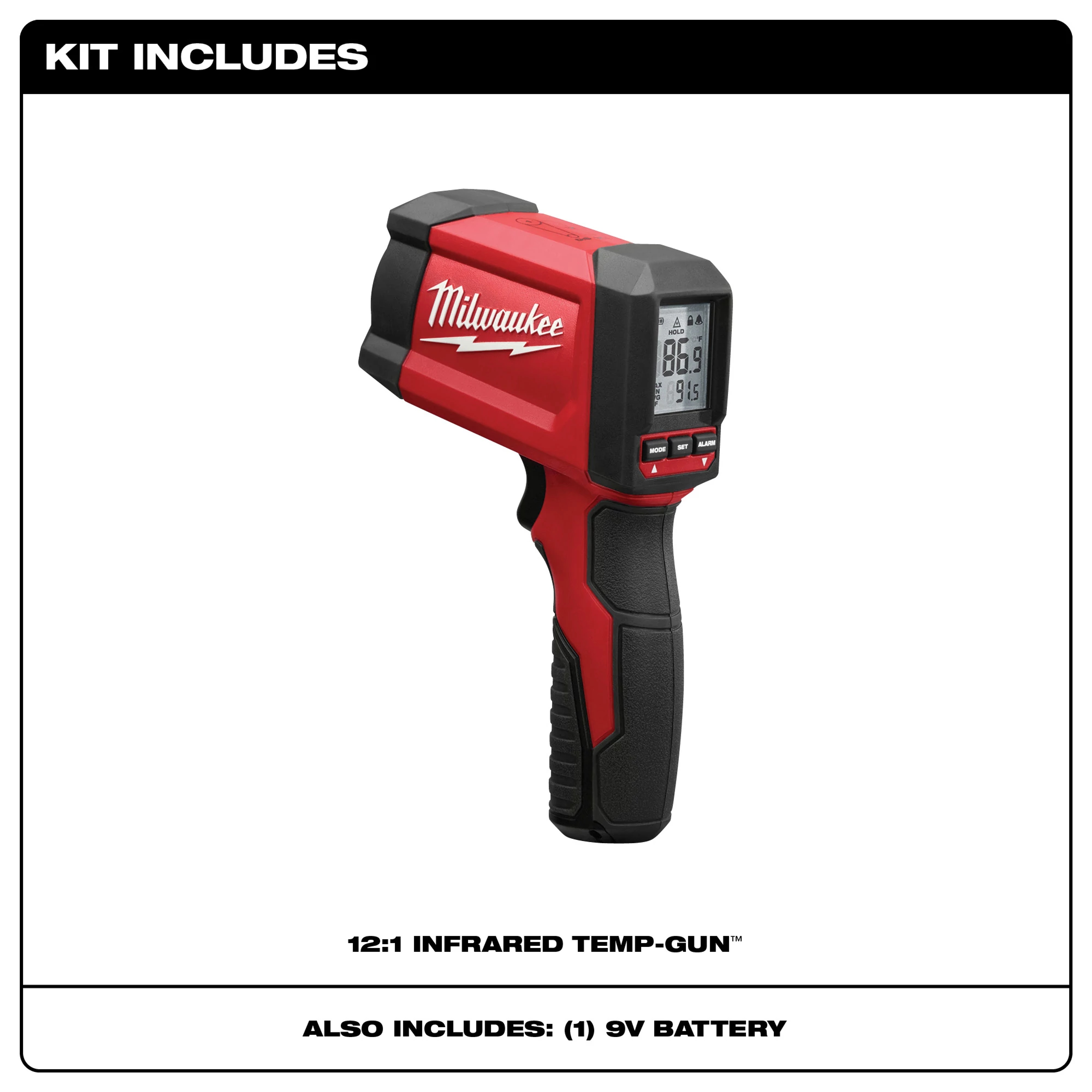 Milwaukee&reg; 2268-20 Infrared Thermometer, -22 to 1472 deg F, +/-1.8 % Accuracy, 12:1 Focus Spot, 0.96 Fixed, 9V Battery