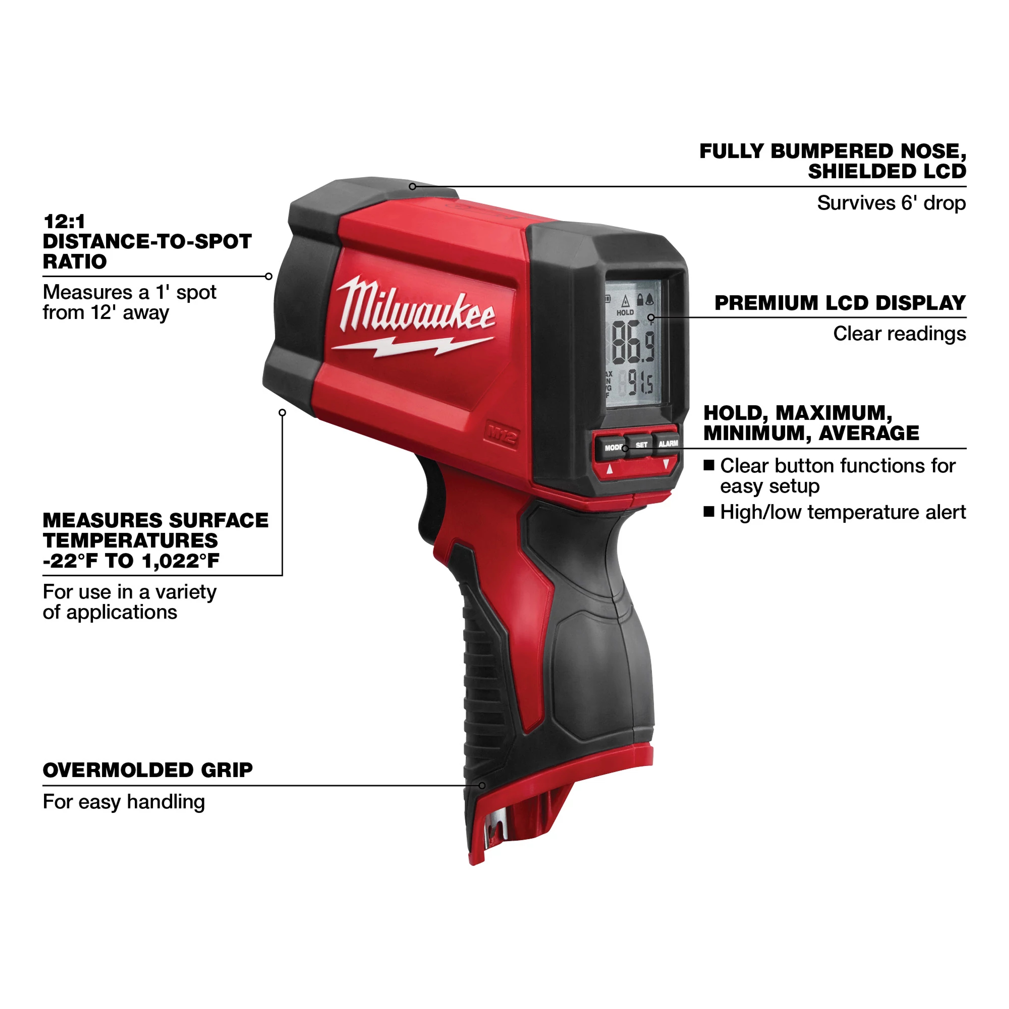 Milwaukee&reg; TEMP-GUN&trade; 2278-20 Infrared Thermometer, -22 to 1022 deg F, +/-1.8 Accuracy, 12:1 Focus Spot, 0.95 Fixed, Li-Ion Battery