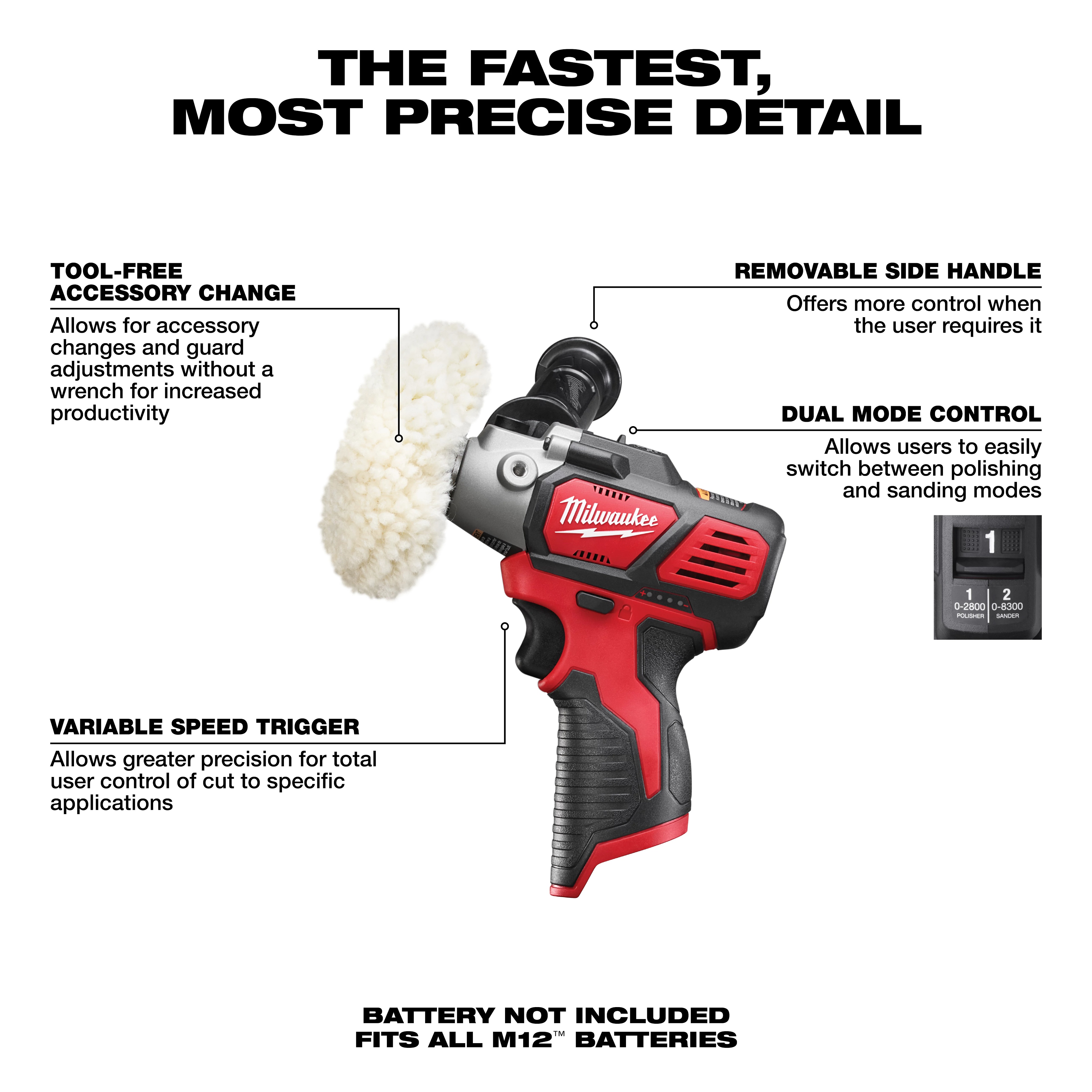 Milwaukee&reg; M12&trade; 2438-20 Variable Speed Cordless Polisher/Sander, 12 V AC, Li-Ion Battery