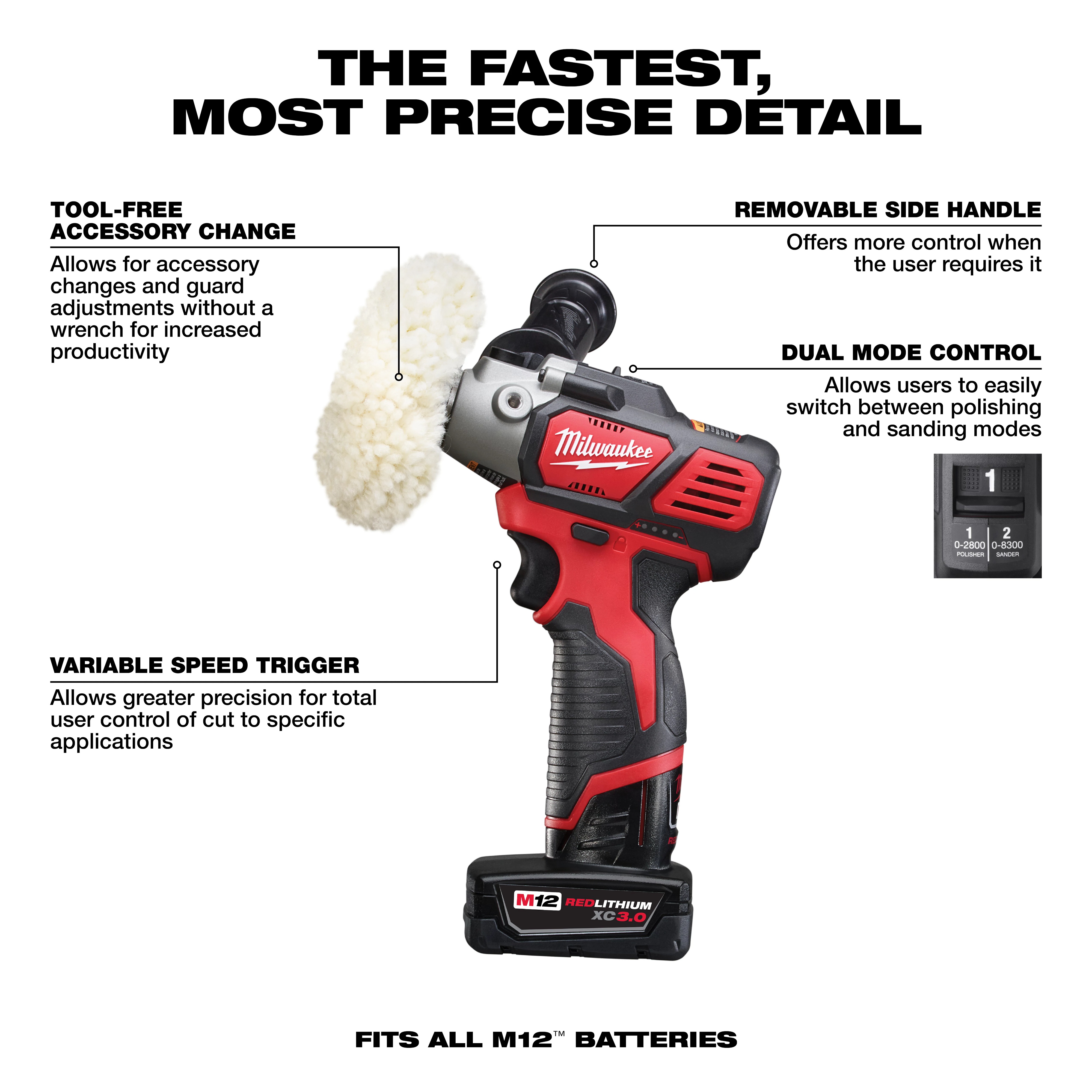 Milwaukee&reg; M12&trade; 2438-22X Variable Speed Cordless Polisher/Sander Kit, 12 V AC, Li-Ion Battery