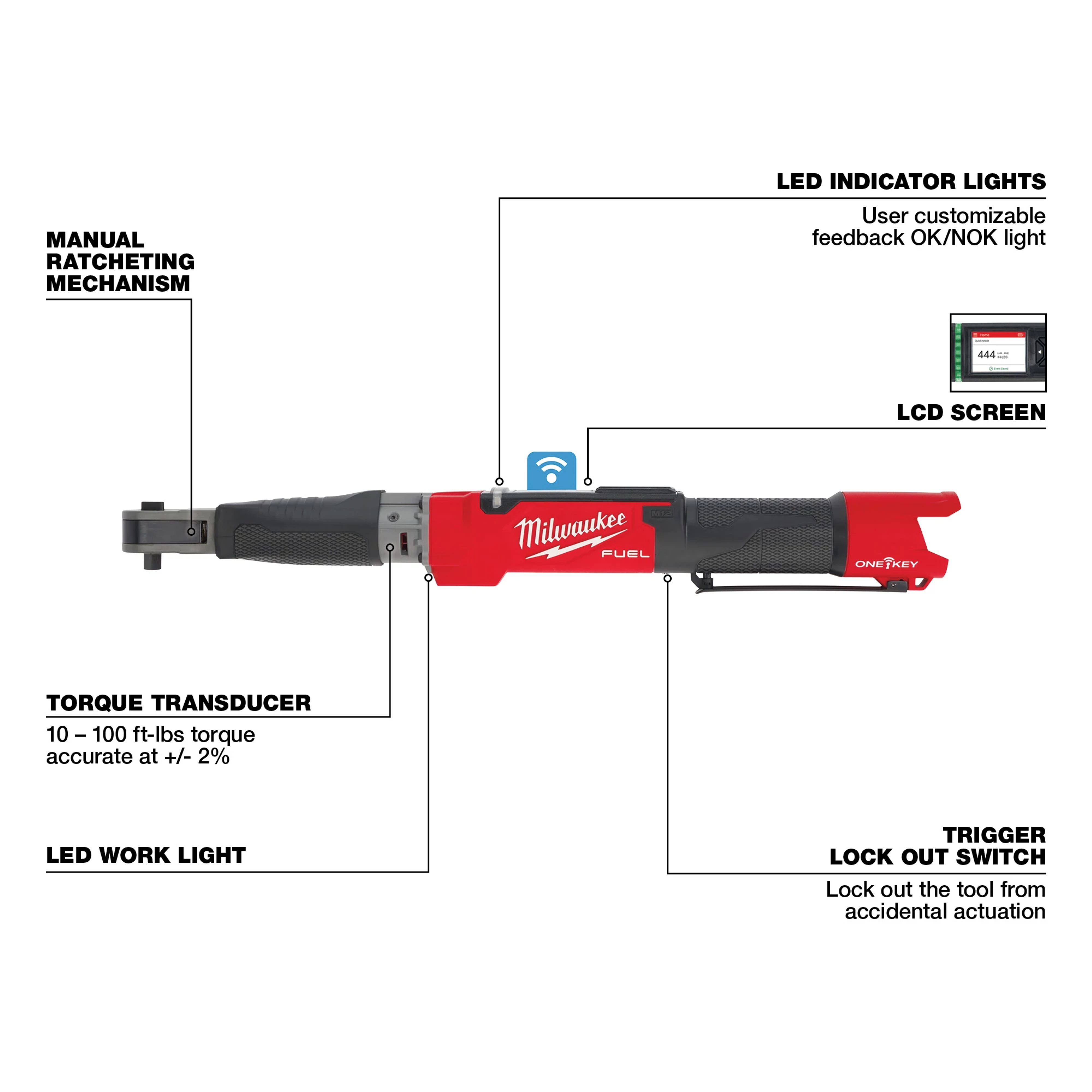Milwaukee&reg; M12 FUEL&trade; 2465-20 Cordless Digital Torque Wrench With One-Key&trade; Technology, 3/8 in Drive, 10 to 100 ft-lb Torque, 12 V, M12&trade; REDLITHIUM&trade; CP2.0 Lithium-Ion Battery, 23.3 in OAL