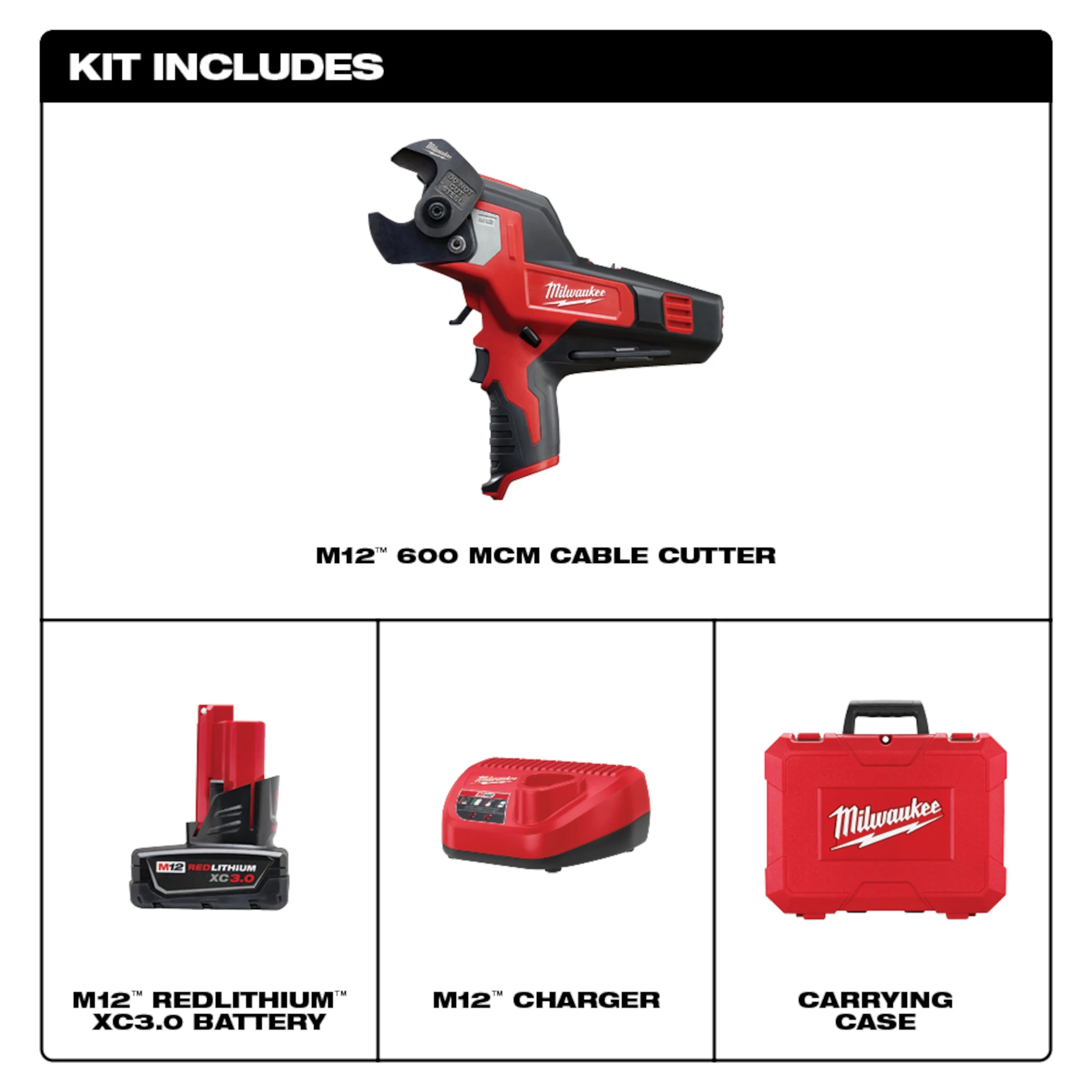 Milwaukee&reg; M12&trade; REDLITHIUM&trade; 2472-21XC Cordless Cable Cutter Kit, 600 kcmil Copper, 750 kcmil Aluminum, 1-3/16 in Communication Cable Cutting, 12 V DC, 3 Ah Li-Ion Battery