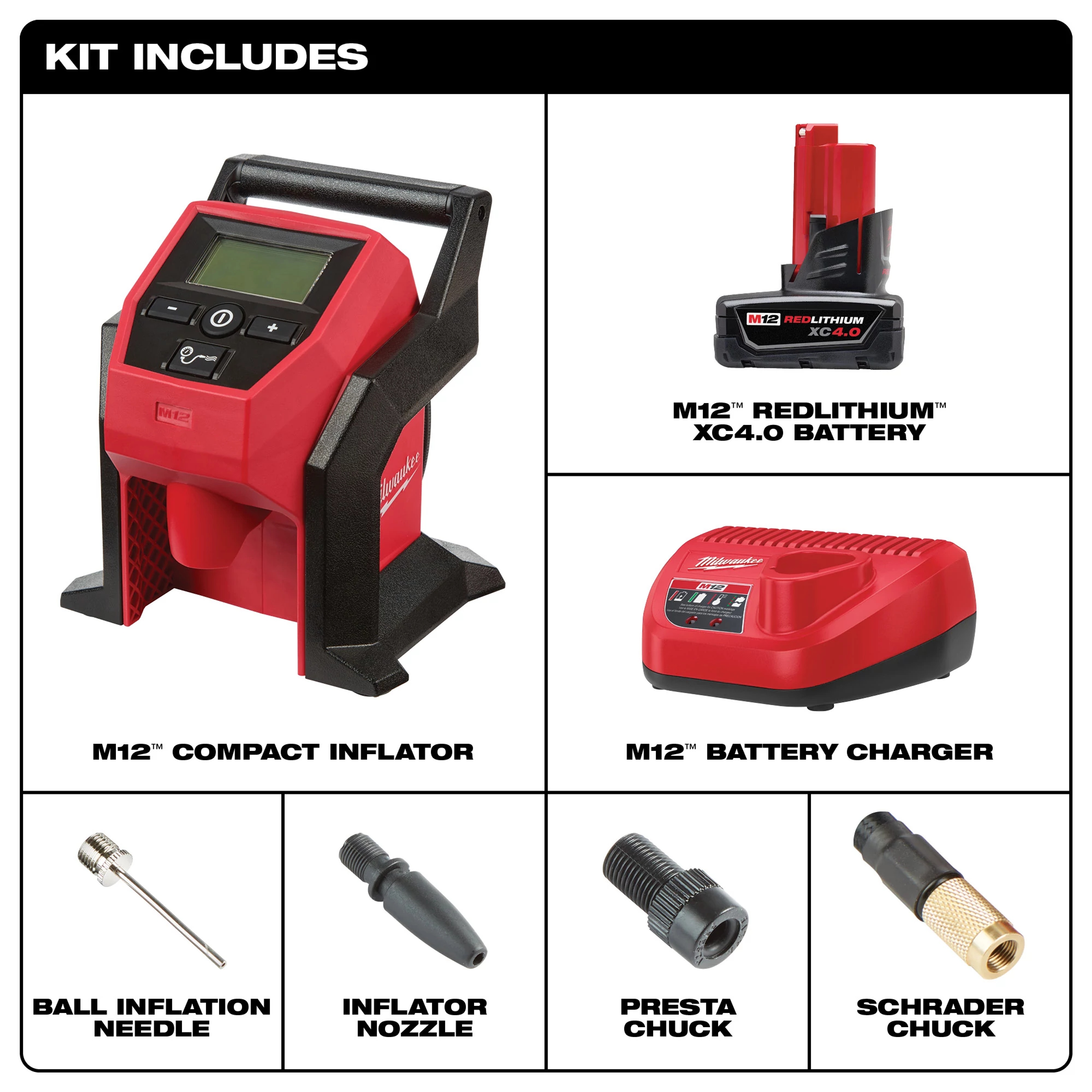 Milwaukee&reg; M12&trade; 2475-21XC Cordless Compact Inflator Kit, 26 in L, Plastic