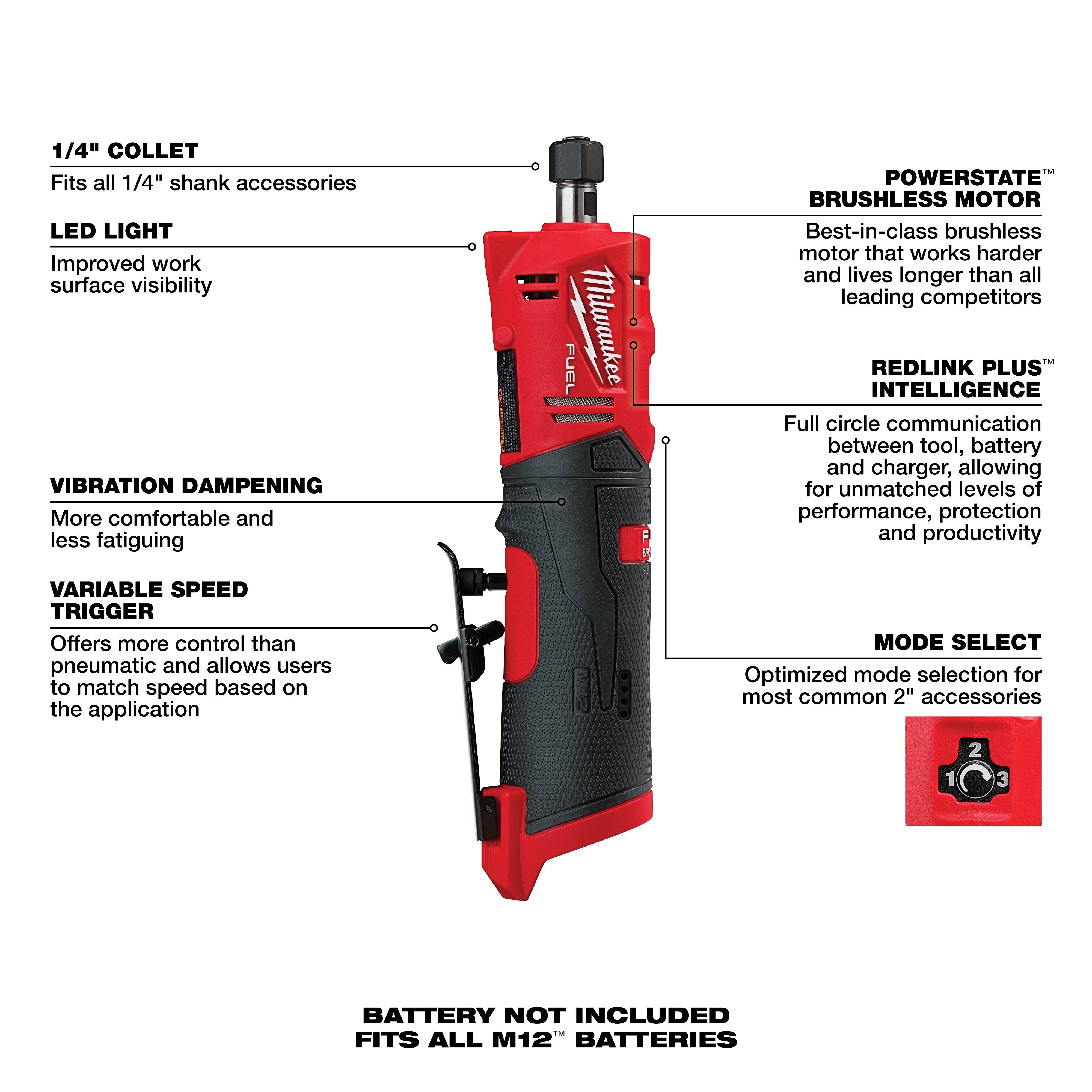 Milwaukee&reg; M12 FUEL&trade; 2486-20 Cordless Die Grinder, 12 V, Li-Ion Battery, Black/Red