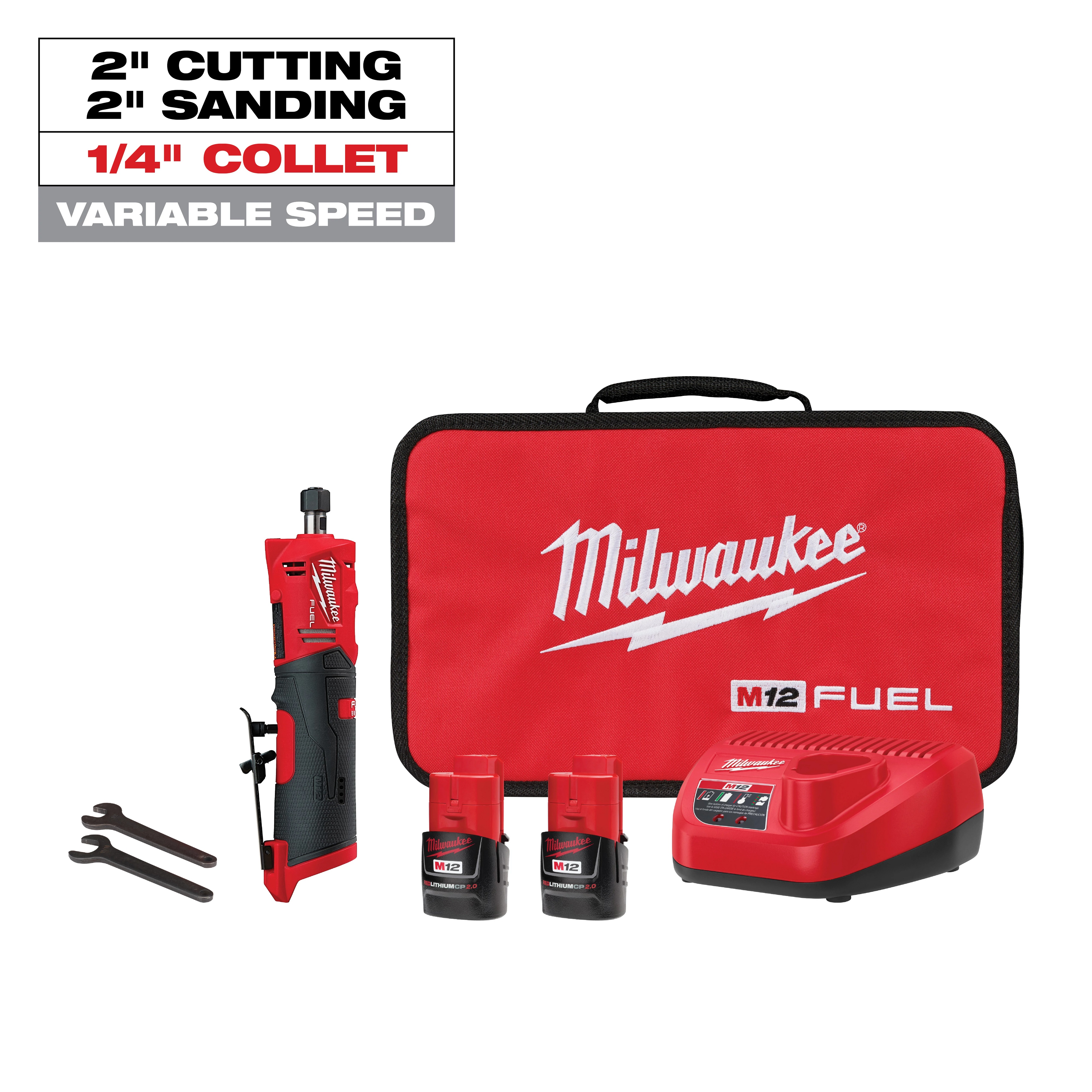 Milwaukee&reg; M12 FUEL&trade; 2486-22 Cordless Die Grinder, 12 V, 2 Ah Li-Ion Battery, Black/Red
