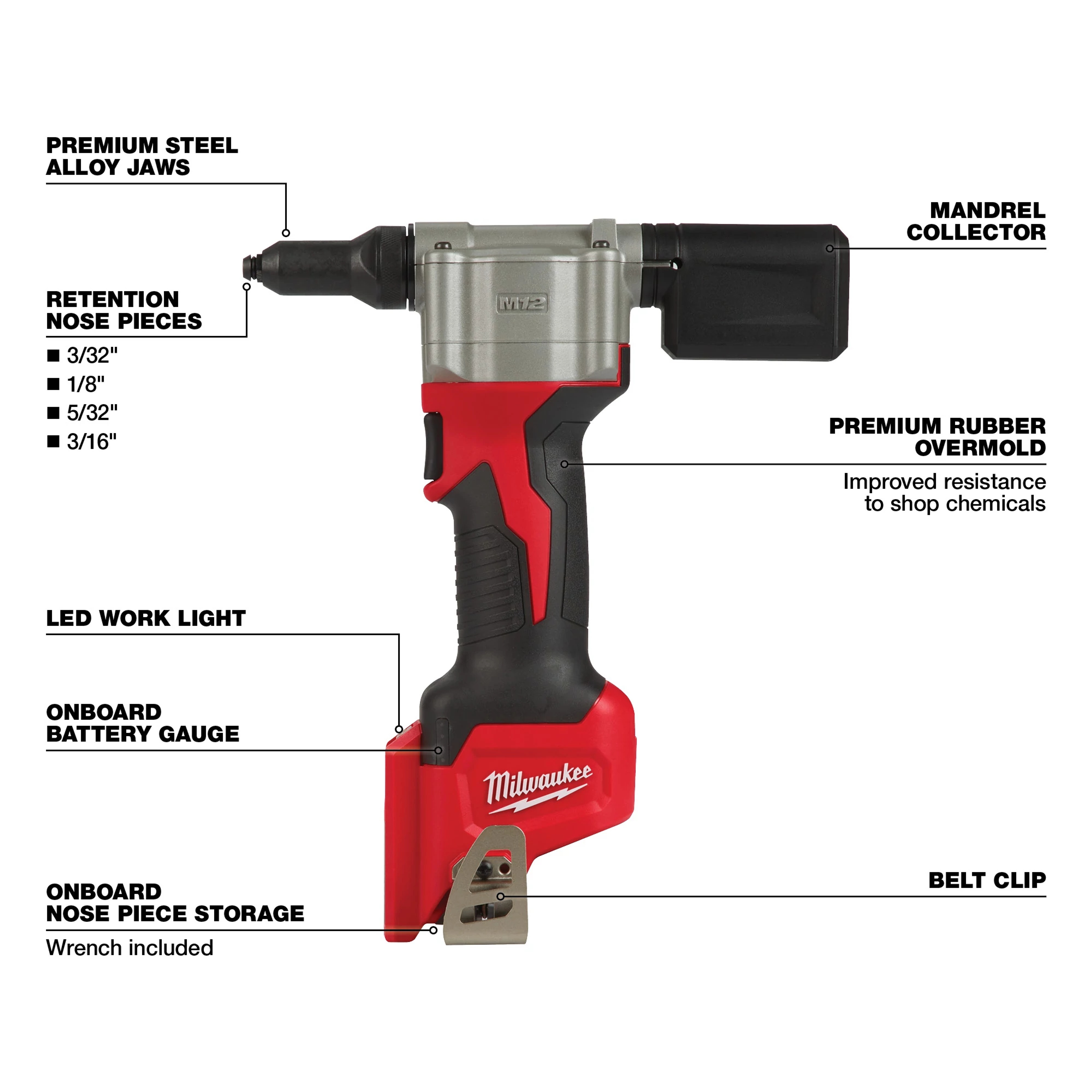Milwaukee&reg; 2550-20 Cordless Rivet Tool, 3/16 in Rivet, 2000 lb Pulling, 12 V DC, Li-Ion Battery, Glass Filled Nylon Housing