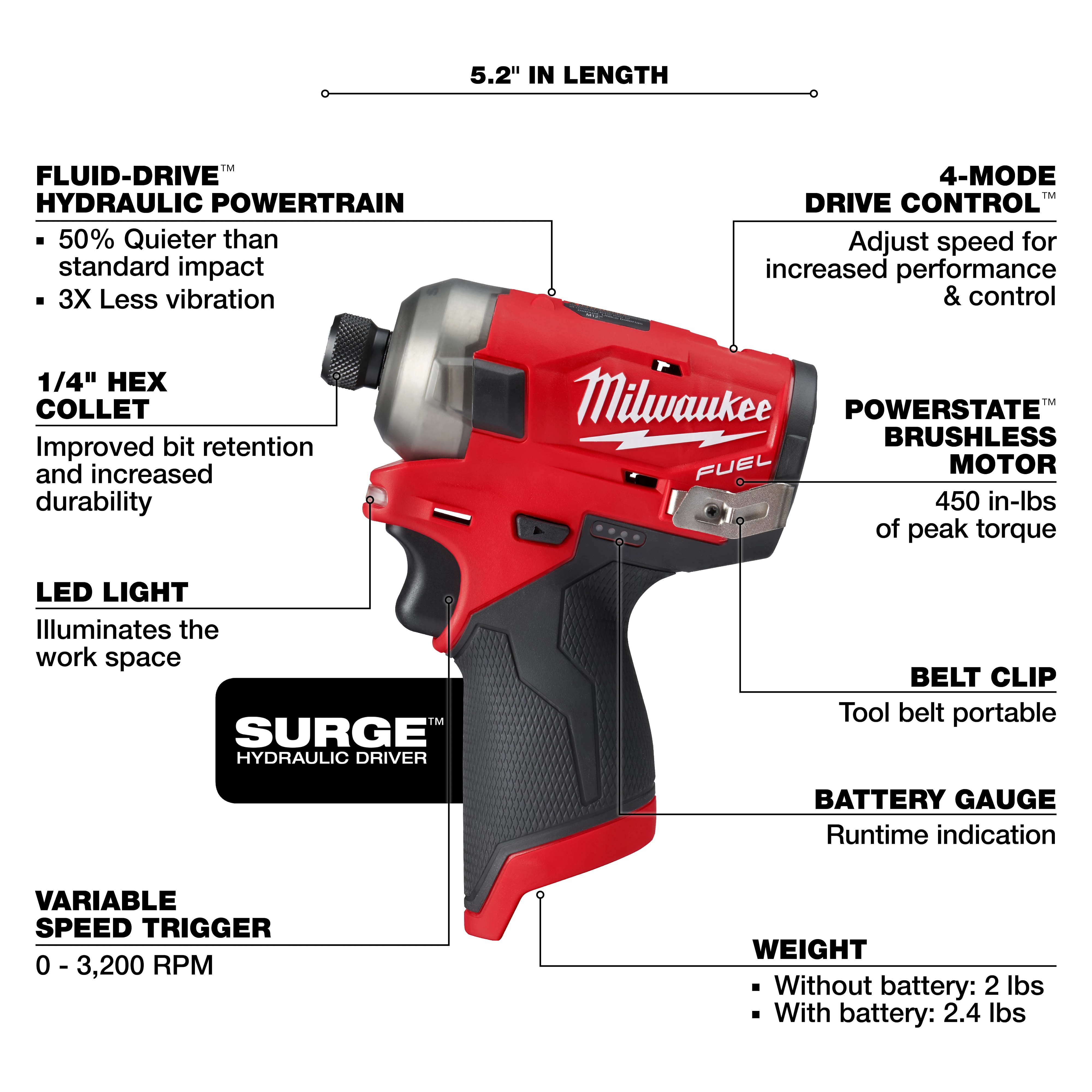 Milwaukee&reg; M12 FUEL&trade; SURGE&trade; 2551-20 Cordless Hydraulic Driver, 1/4 in Hex Drive, 3400 bpm, 450 in-lb Torque, 12 V, 5.2 in OAL