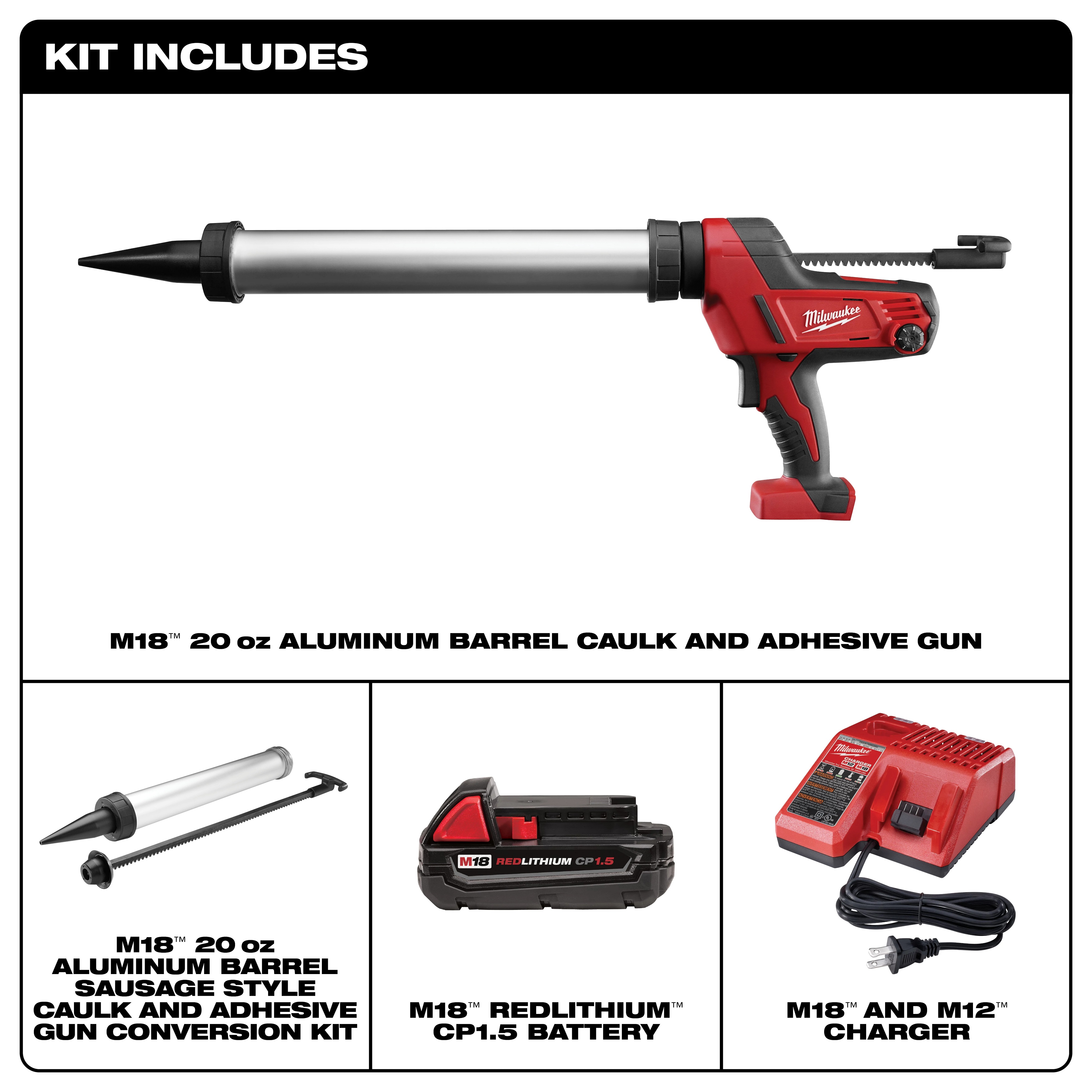 Milwaukee&reg; M18&trade; 2642-21CT Cordless Caulk Gun Kit, 20 oz Capacity, 950 lb, 18 V DC, Li-Ion Battery, Metal Housing