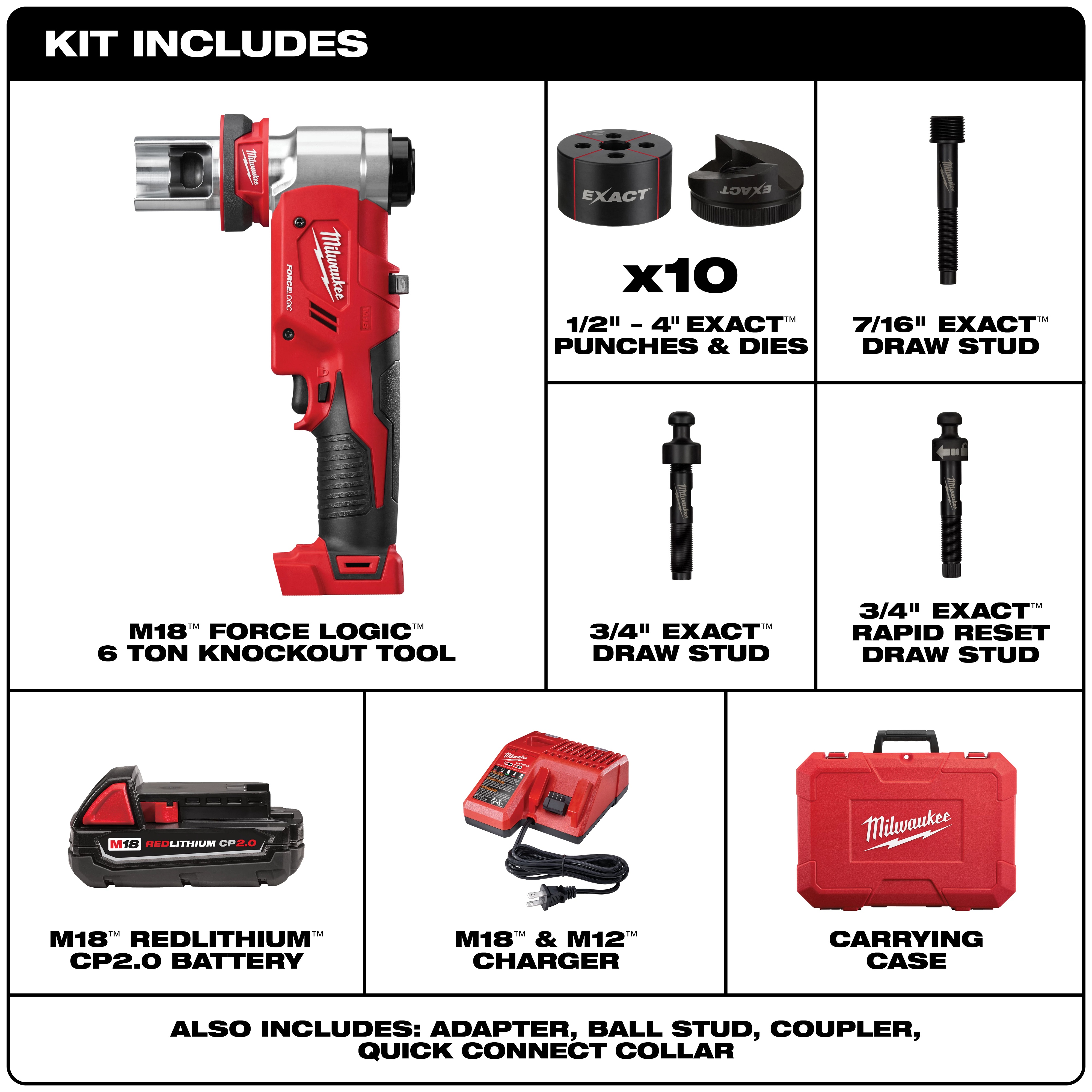 Milwaukee&reg; M18&trade; FORCE LOGIC&trade; 2677-23 Knockout Tool Kit, 14 ga THK, 1/2 to 4 in Capacity Mild Steel, 18 V AC, For Use With M18&trade; Batteries, Mild Steel/Stainless Steel