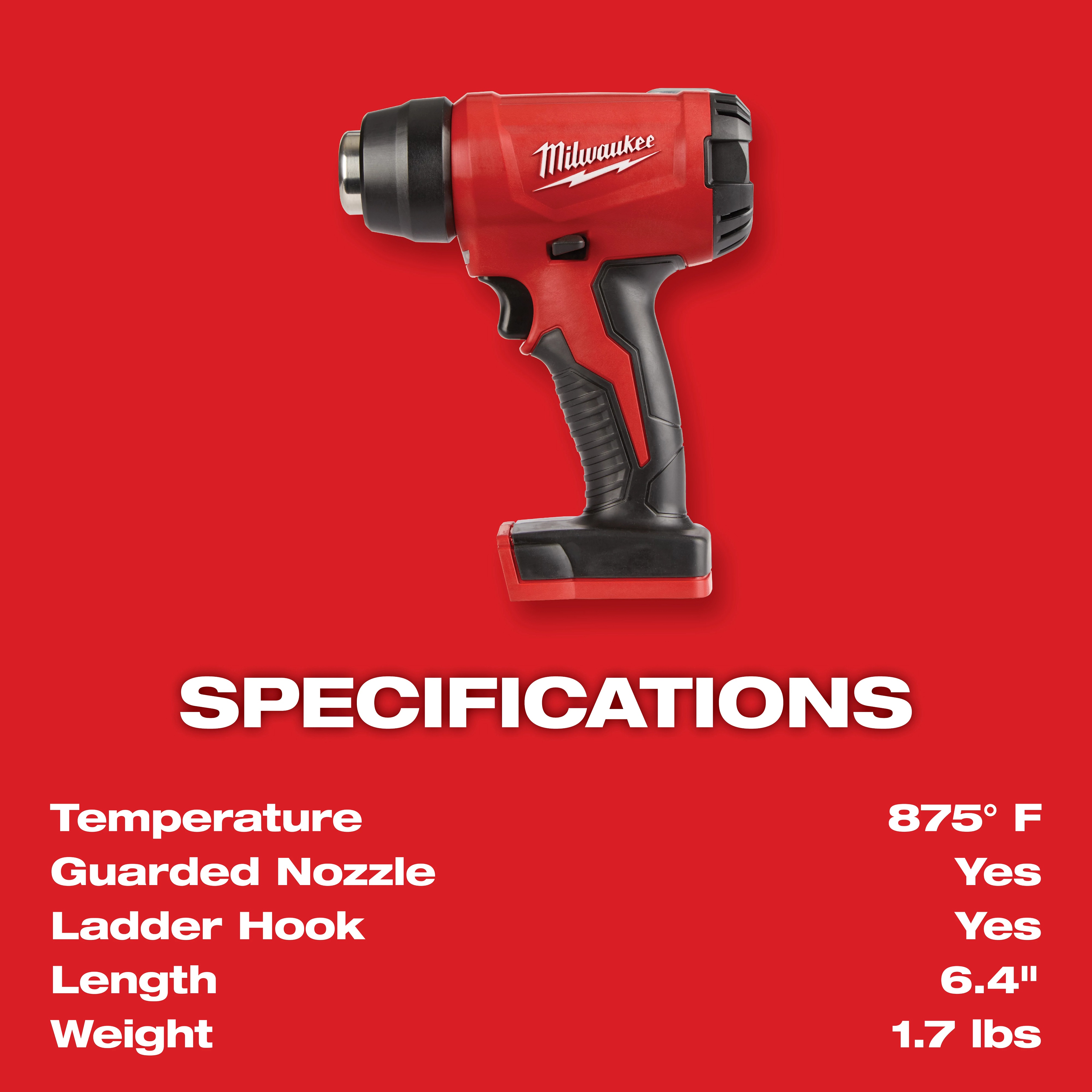 Milwaukee&reg; 2688-20 Compact Cordless Heat Gun, 18 V DC REDLITHIUM&trade; Battery