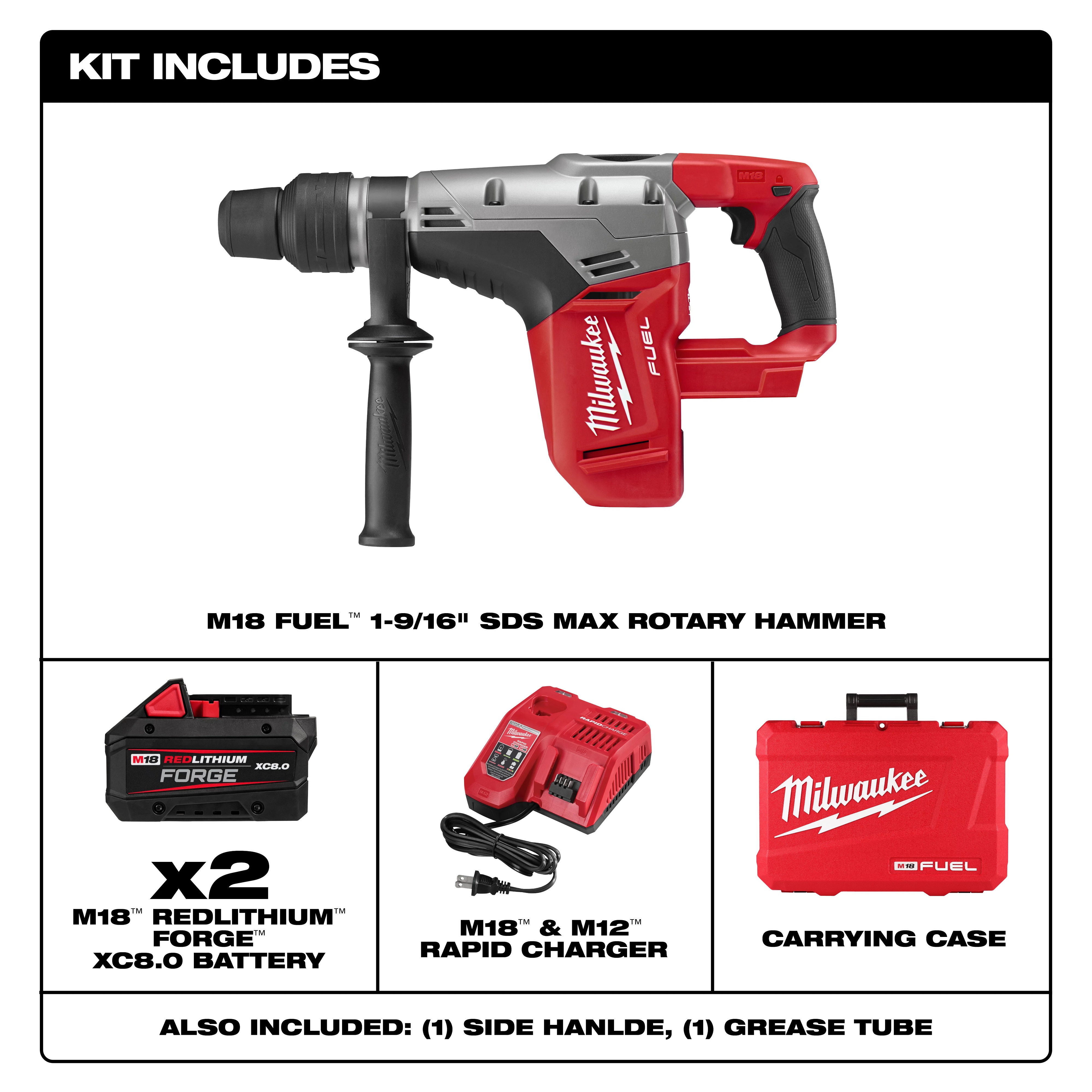 Milwaukee&reg; 2717-22HD Cordless Rotary Hammer Kit, 1-9/16 in SDS Max&reg; Chuck, 18 V DC, 0 to 3000 rpm No-Load, Li-Ion Battery