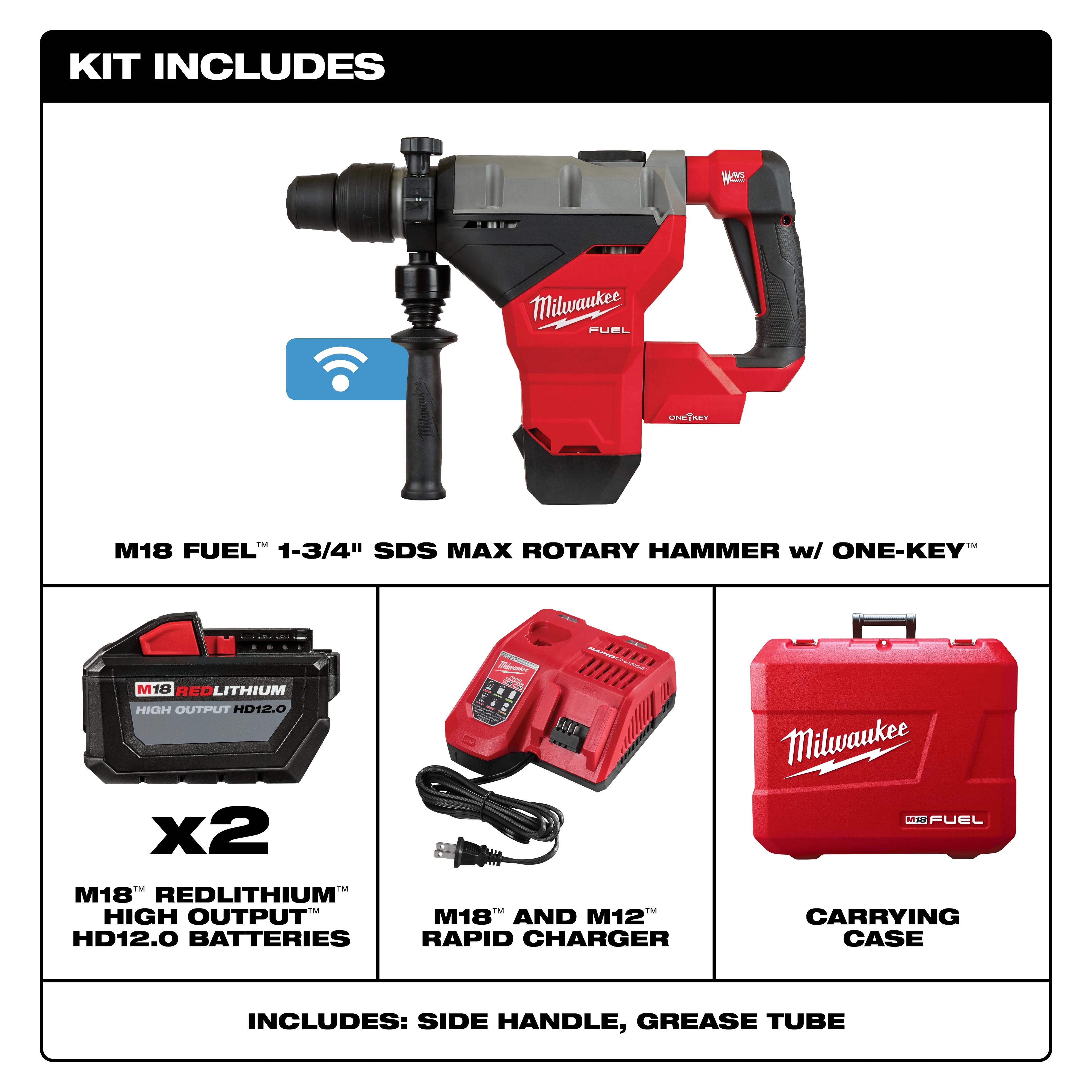 Milwaukee&reg; M18 FUEL&trade; 2718-22HD Cordless Rotary Hammer Kit, 1-3/4 in SDS-Max&reg; Chuck, 18 V, 380 rpm No-Load, Li-Ion Battery