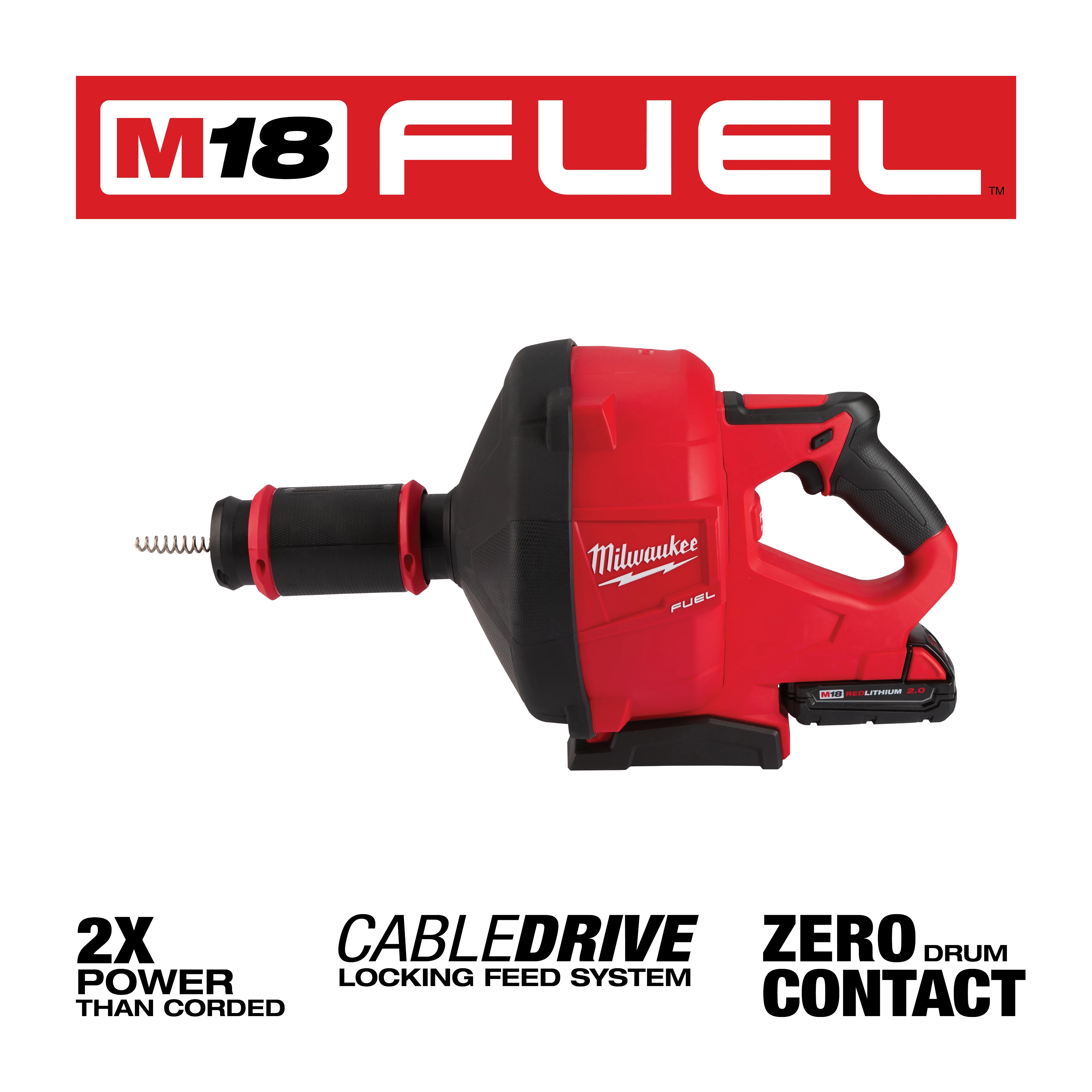 Milwaukee&reg; M18 FUEL&trade; 2772A-21 Kit Cordless Drain Gun Kit, 1-1/4 to 3 in Drain Line, 50 ft Max Run, 18 V DC, Plastic Housing