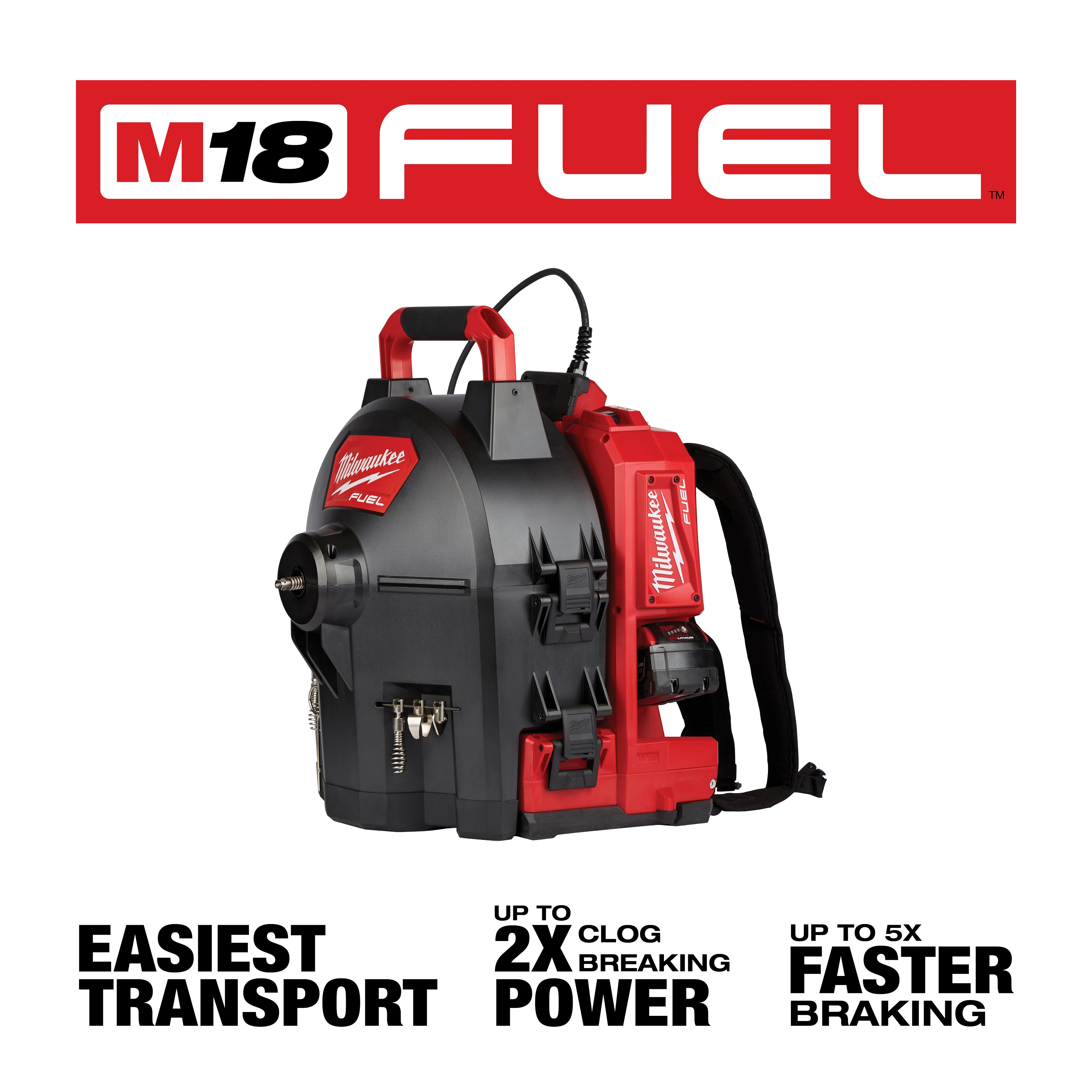 Milwaukee&reg; M18 FUEL&trade; 2775B-211 Kit Cordless Drain Gun Kit, 1-1/4 to 4 in Drain Line, 100 ft Max Run, 18 V DC, HDPE Drum Housing