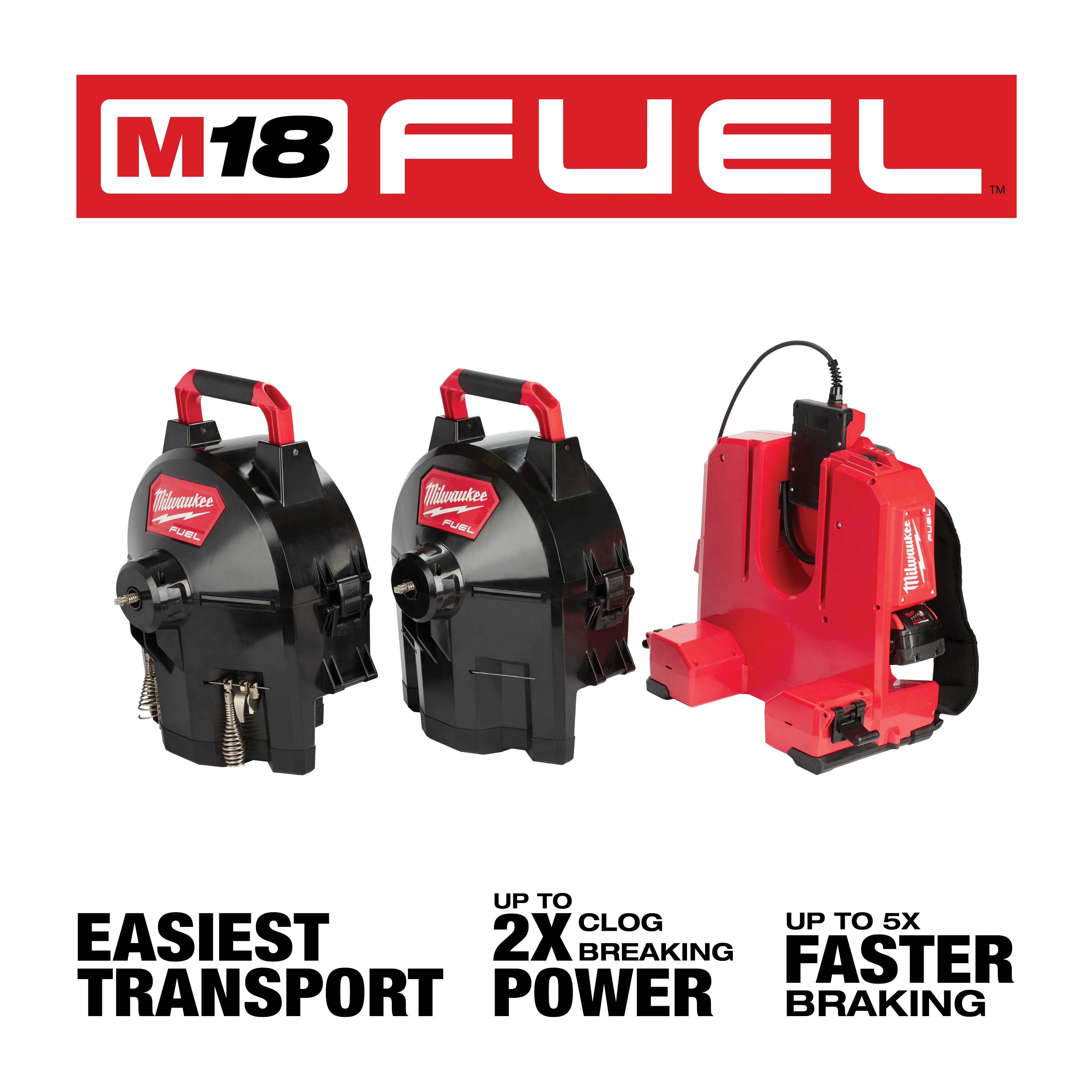 Milwaukee&reg; M18 FUEL&trade; 2775C-222 Kit Cordless Drain Gun Kit, 1-1/4 to 4 in Drain Line, 100 ft Max Run, 18 V DC, HDPE Drum Housing