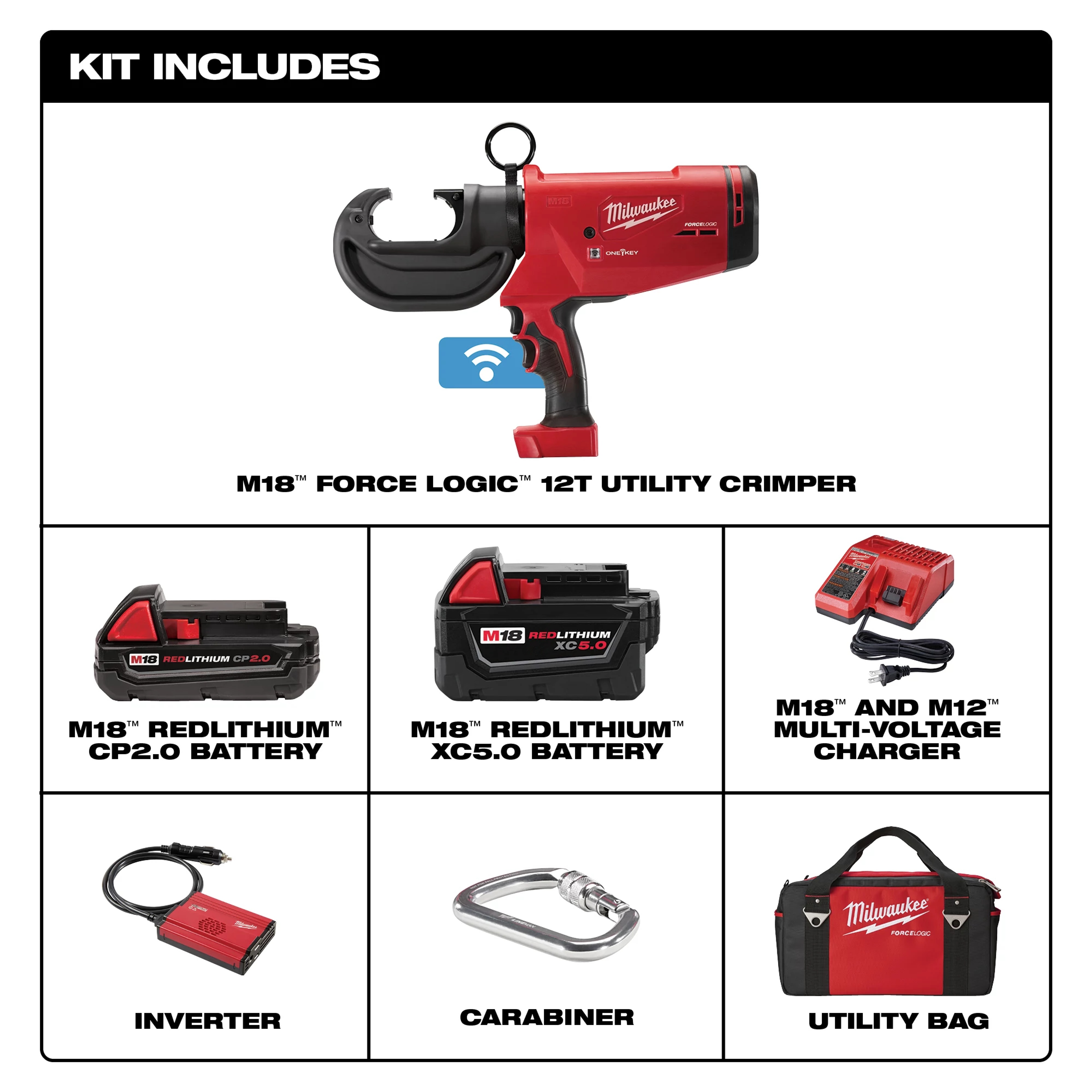 Milwaukee&reg; 2778-22 Cordless Utility Crimper Kit, 12 ton Crimping, 18 V DC, Li-Ion Battery, 16 in OAL