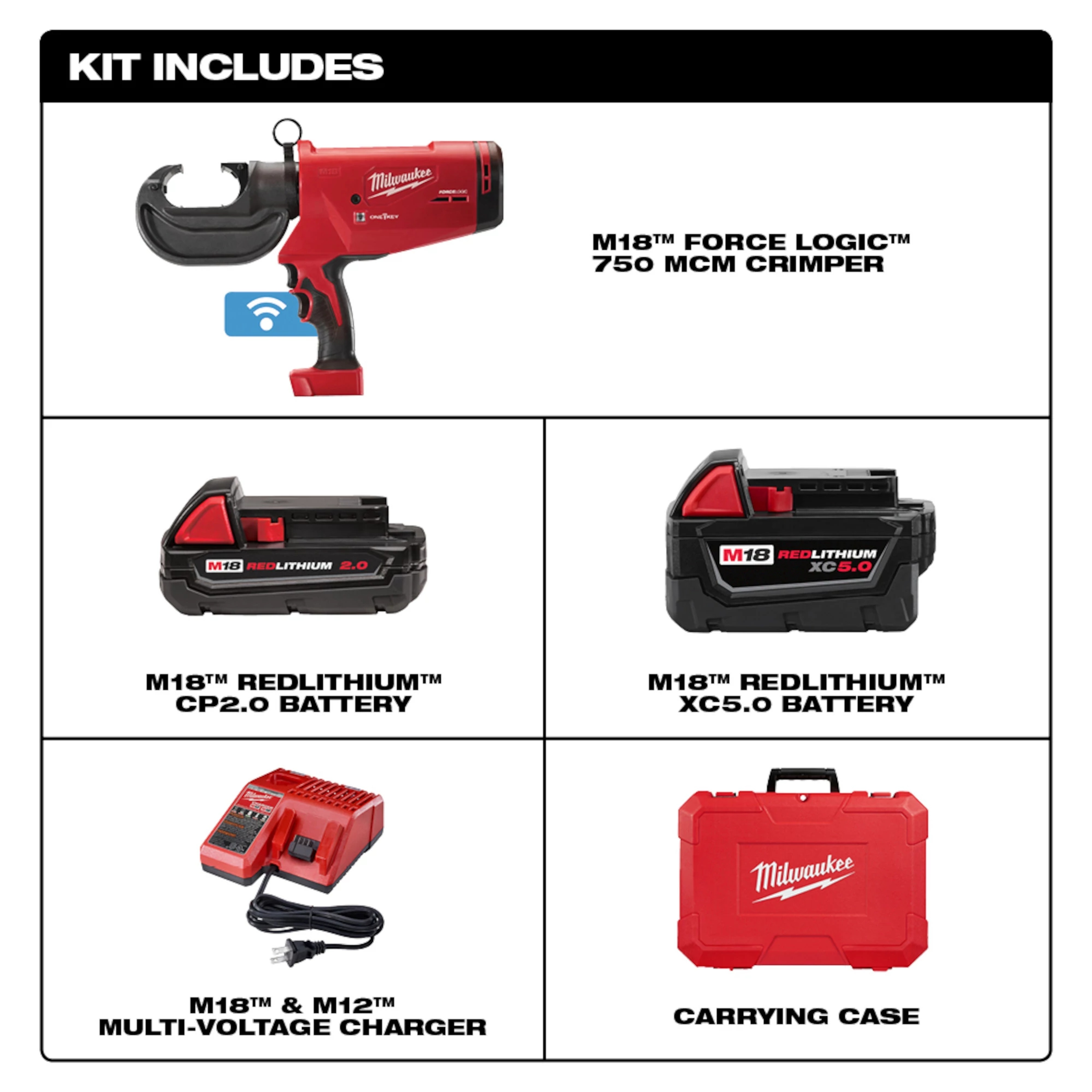 Milwaukee&reg; 2779-22 Cordless Crimper Kit, 8 AWG to 750 kcmil Aluminum/Copper Crimping, 12 ton Crimping, 18 V DC, Li-Ion Battery, 16 in OAL