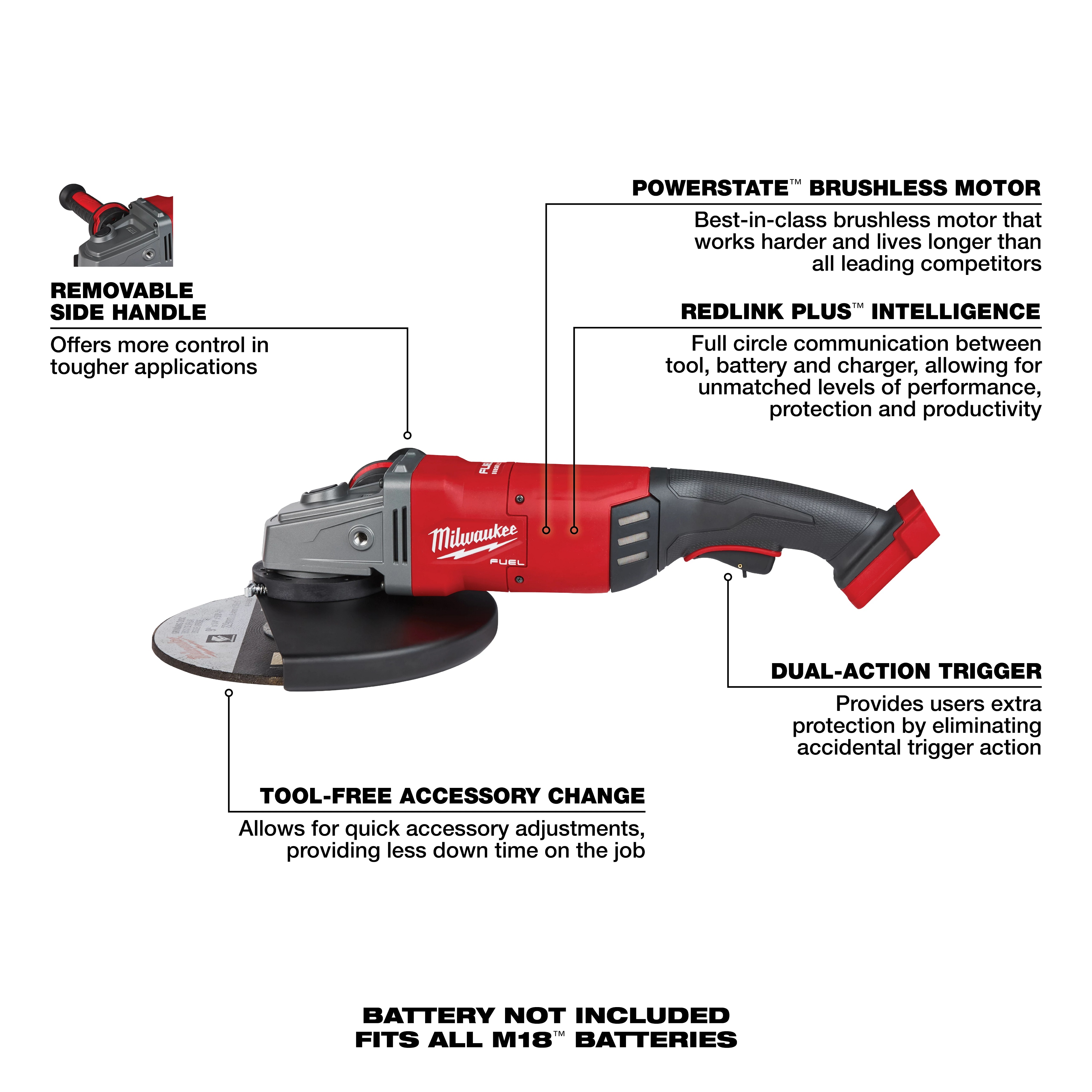 Milwaukee&reg; M18 FUEL&trade; 2785-20 Large Cordless Angle Grinder, 7 in, 9 in Dia Wheel, 5/8 in Arbor/Shank, 18 V, Li-Ion Battery, Trigger Switch