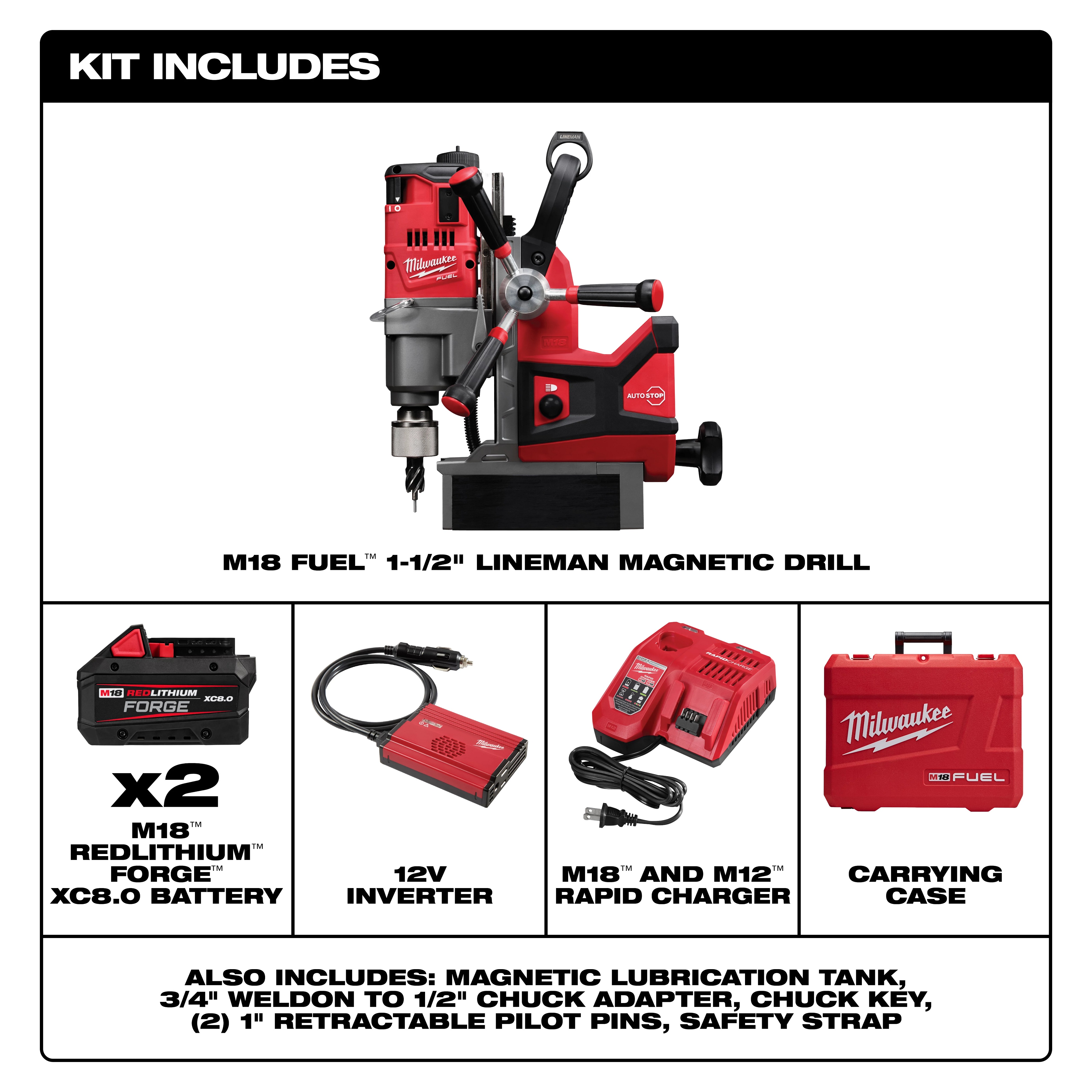 Milwaukee&reg; M18&trade; FUEL&trade; 2788-22HD Magnetic Drill Kit, 3/4 in Chuck, 18 V DC, 400/690 rpm No-Load, Li-Ion Battery