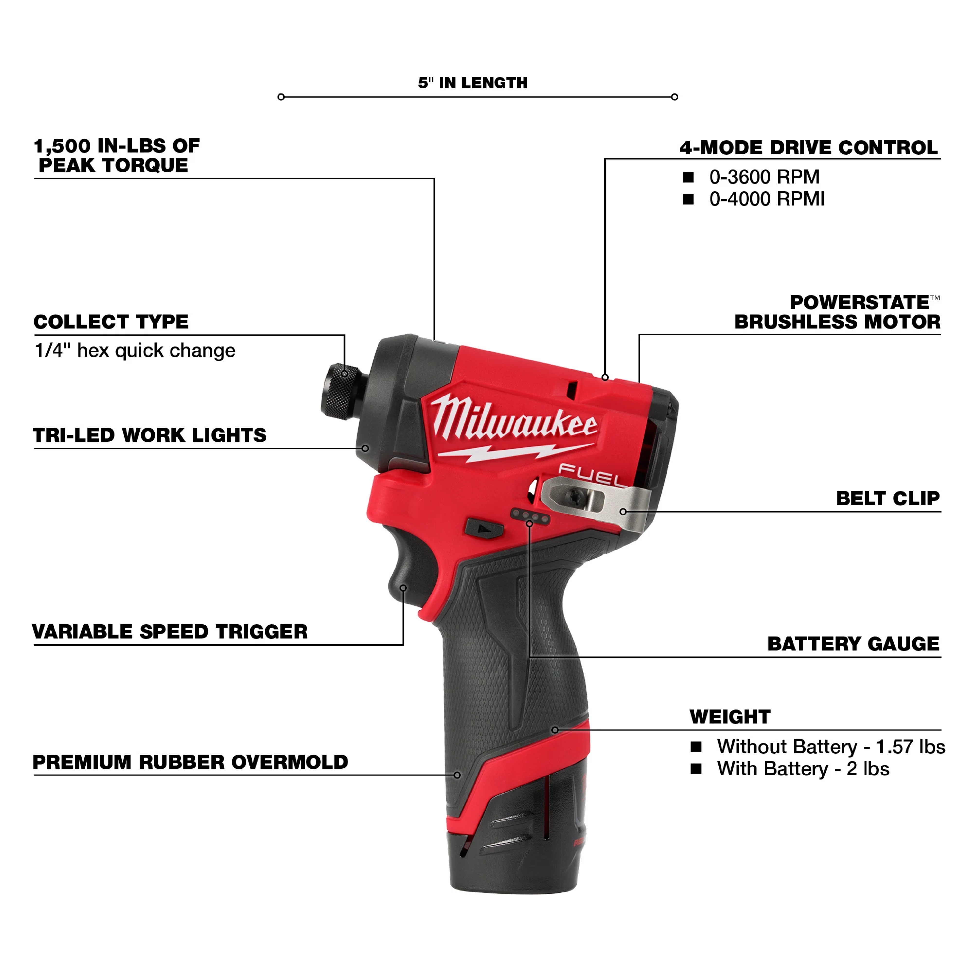 Milwaukee&reg; 3453-20 M12 Brushless Compact Impact Driver, 1/4 in Drive Hex Drive, 0 to 4000 ipm, 12 V
