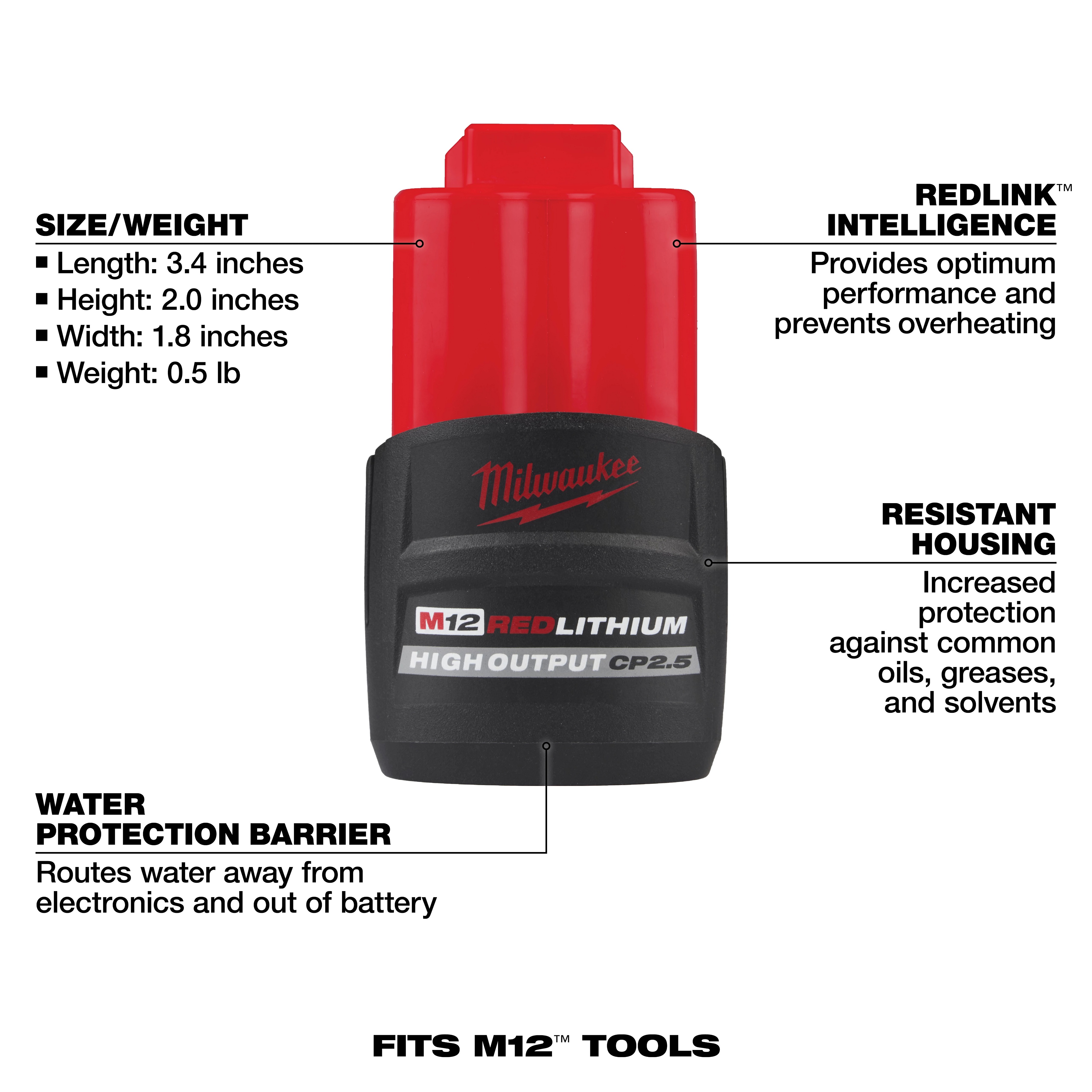 Milwaukee&reg; 48-11-2425 M12 Battery, 2.5 Ah Battery Li-Ion Battery, 12 V Charge, For Use With Milwaukee 12V Cordless Tools