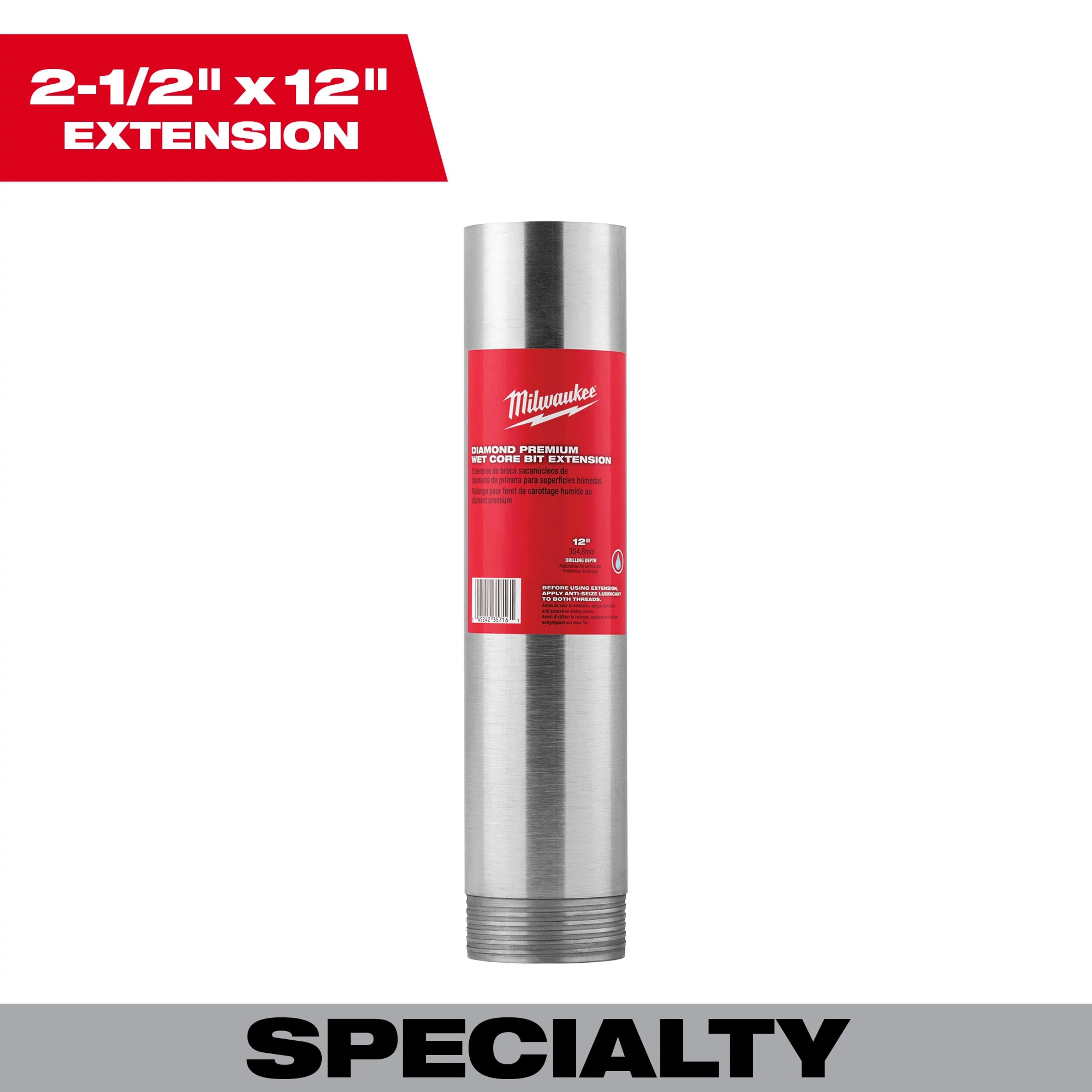 Milwaukee&reg; 48-17-4025 Premium Grade Wet Core Bit Extension, 2-1/2 in Drill, 12 in L
