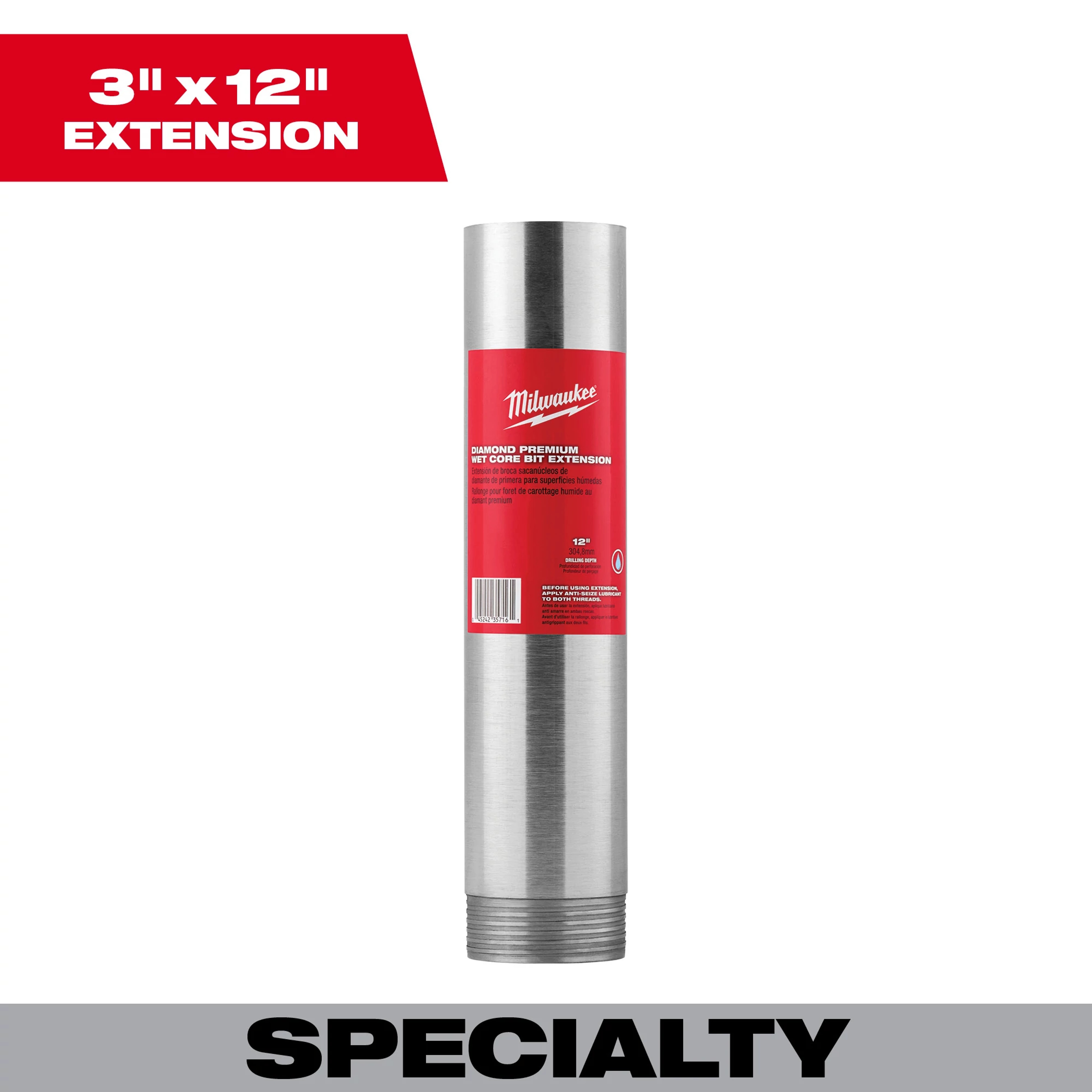 Milwaukee&reg; 48-17-4030 Diamond Premium Grade Wet Core Bit Extension, 3 in Drill, 12 in L