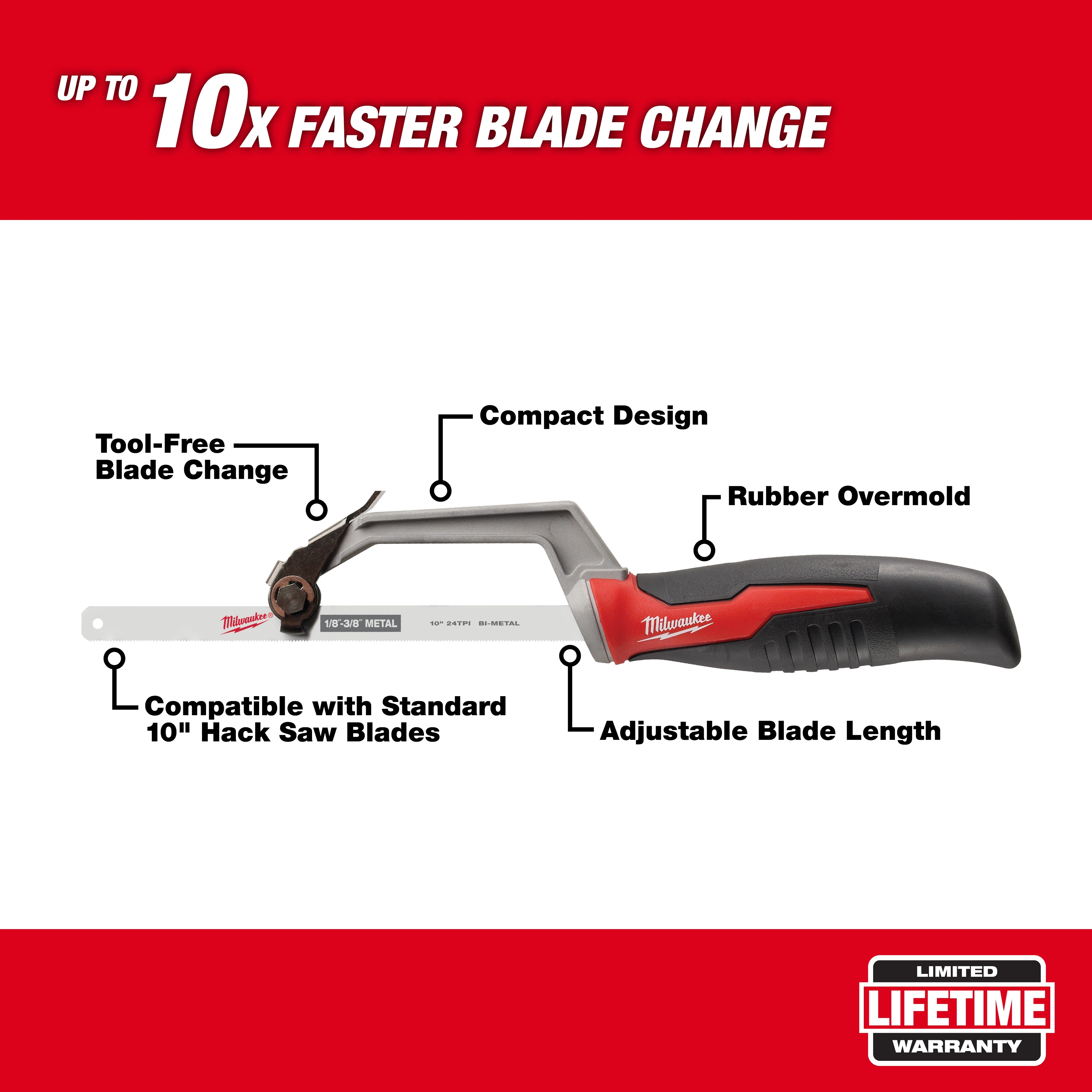 Milwaukee&reg; 48-22-0012 Compact Hacksaw, 10 in L Bi-Metal Blade, 3 in D Throat