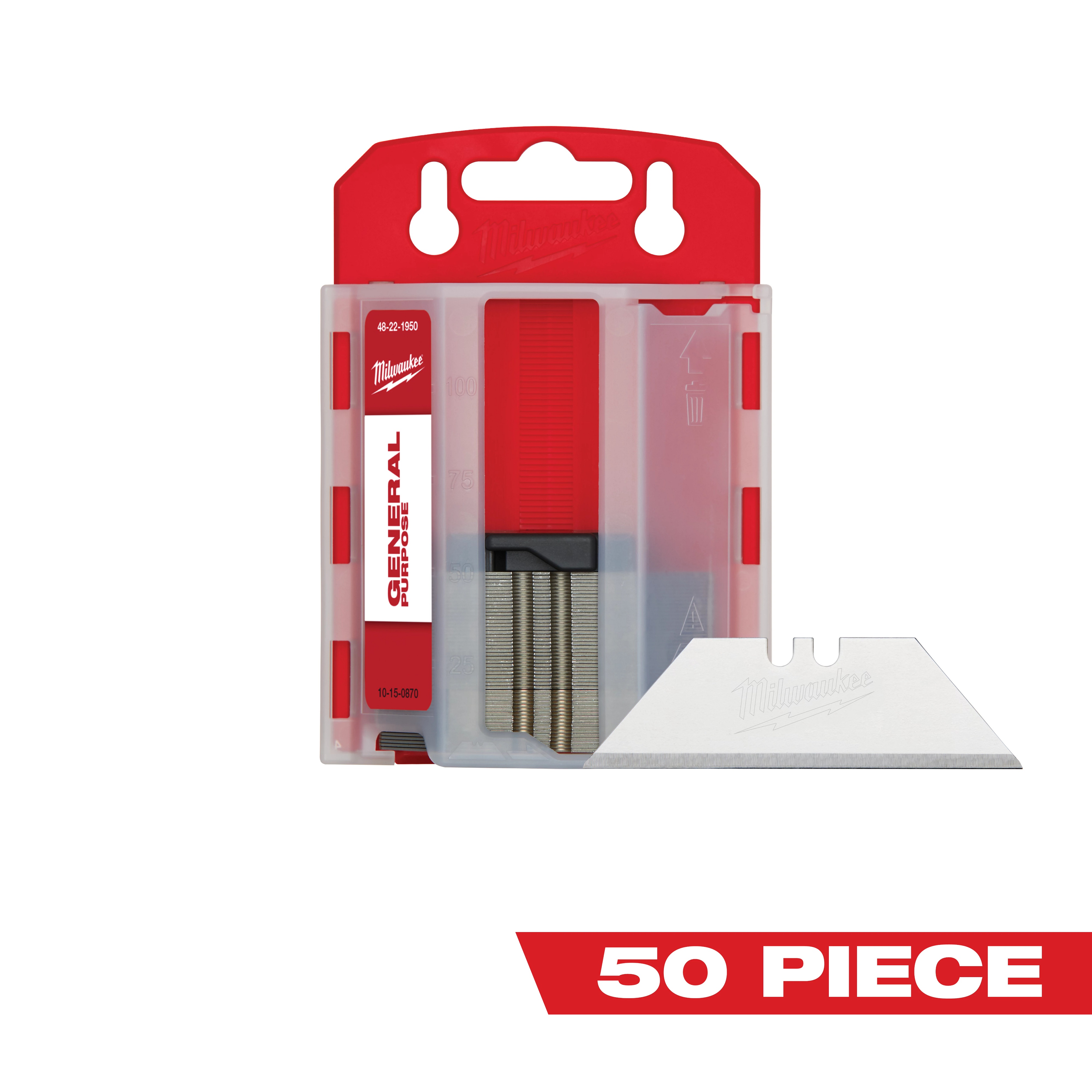 Milwaukee&reg; 48-22-1950 50-Piece General Purpose Utility Blade With Dispenser, Micro Carbide Metal, Sharp Point/Straight Edge, 2-3/8 in L x 3/4 in W Blade, Compatible With: Milwaukee&reg; Most Standard Utility Knives, 0.025 in THK