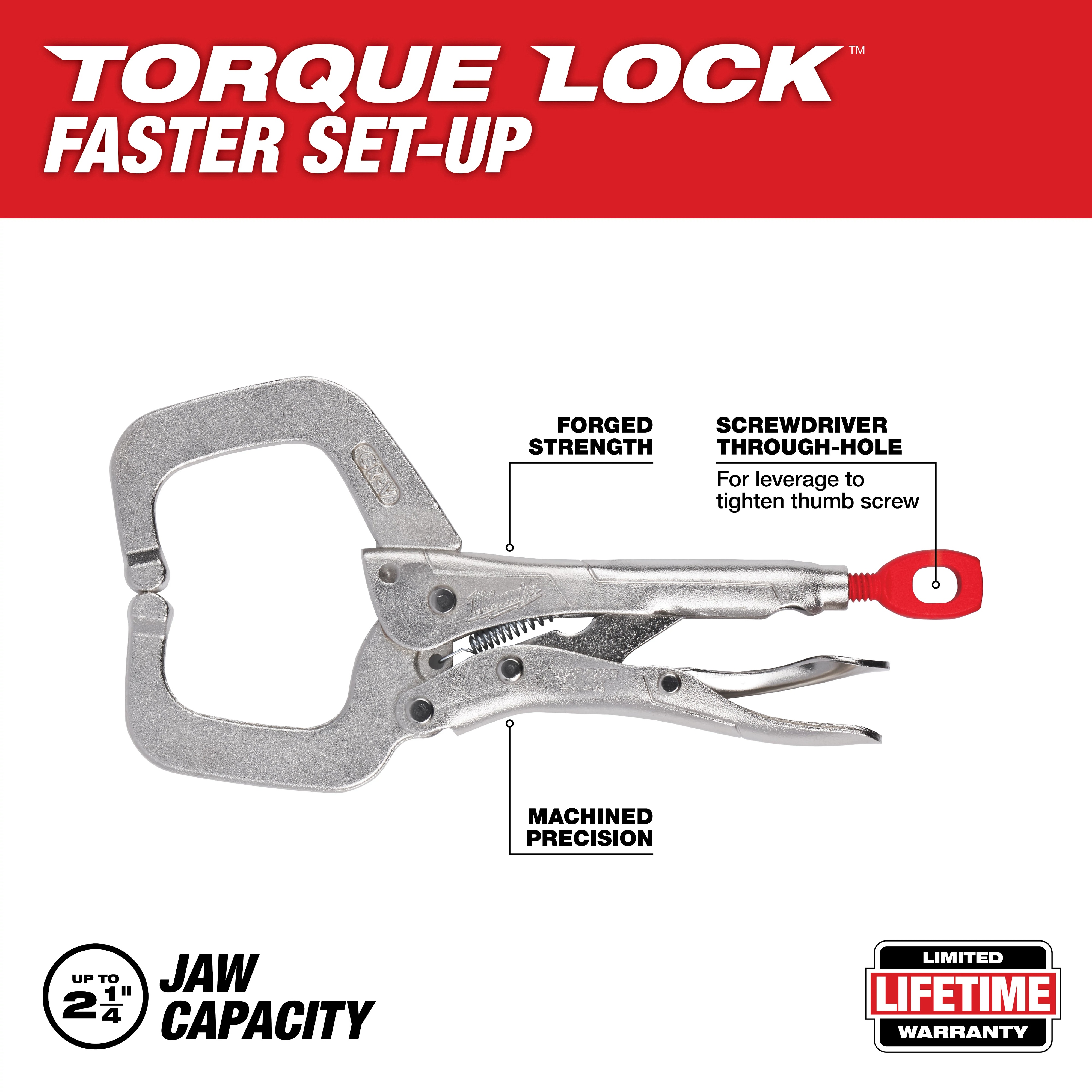 Milwaukee&reg; 48-22-3532 Regular Jaw Locking C-Clamp, Polished Chrome, 2-1/4 in D Throat, 1/2 in Jaw Opening, 6 in Jaw, Forged Alloy Steel
