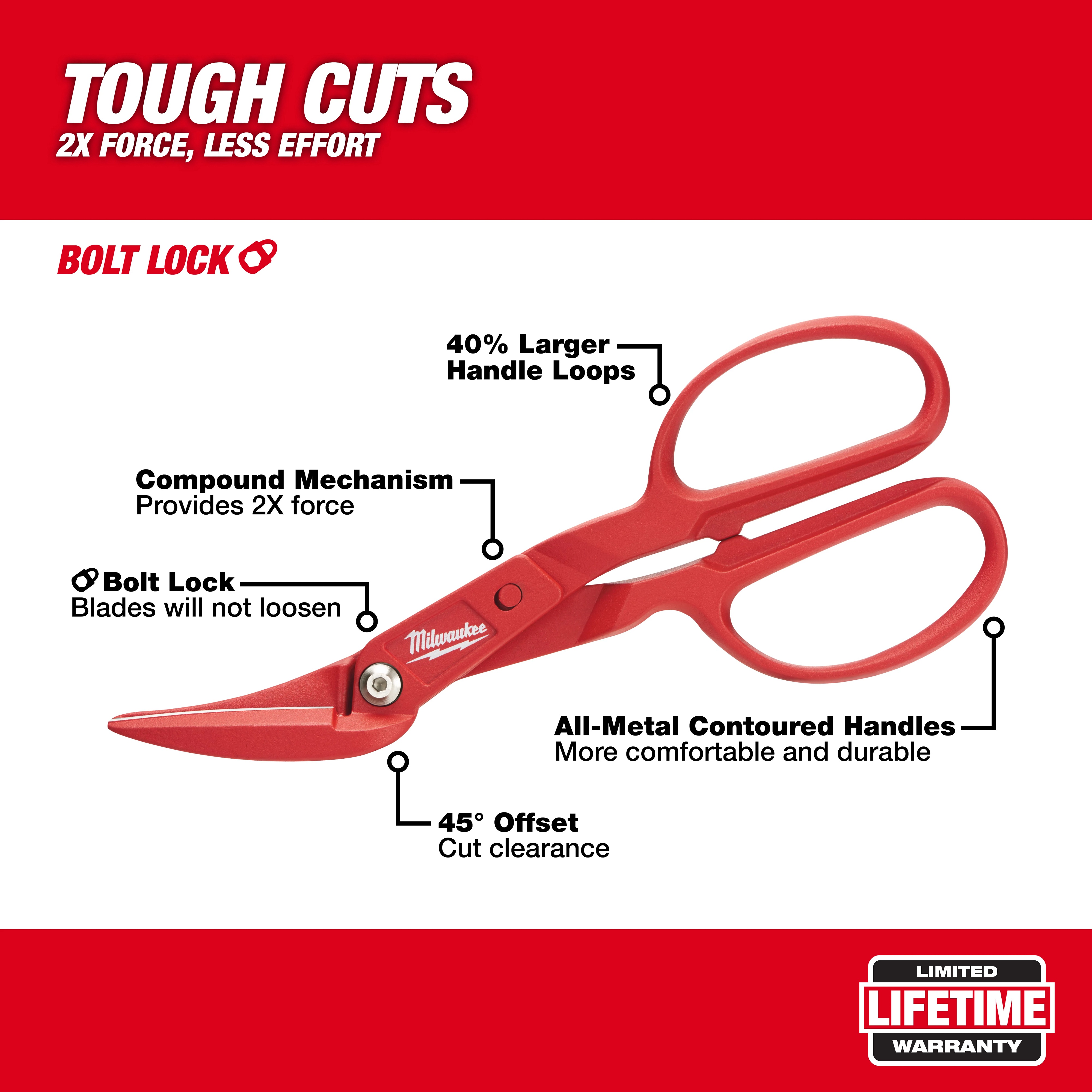 Milwaukee&reg; 48-22-4005 Compound Tinner Snip, 16 ga Cold Rolled Steel, 18 ga Stainless Steel Cutting, 2 in L of Cut, Offset Snip, Forged Alloy Steel Blade, Steel Handle