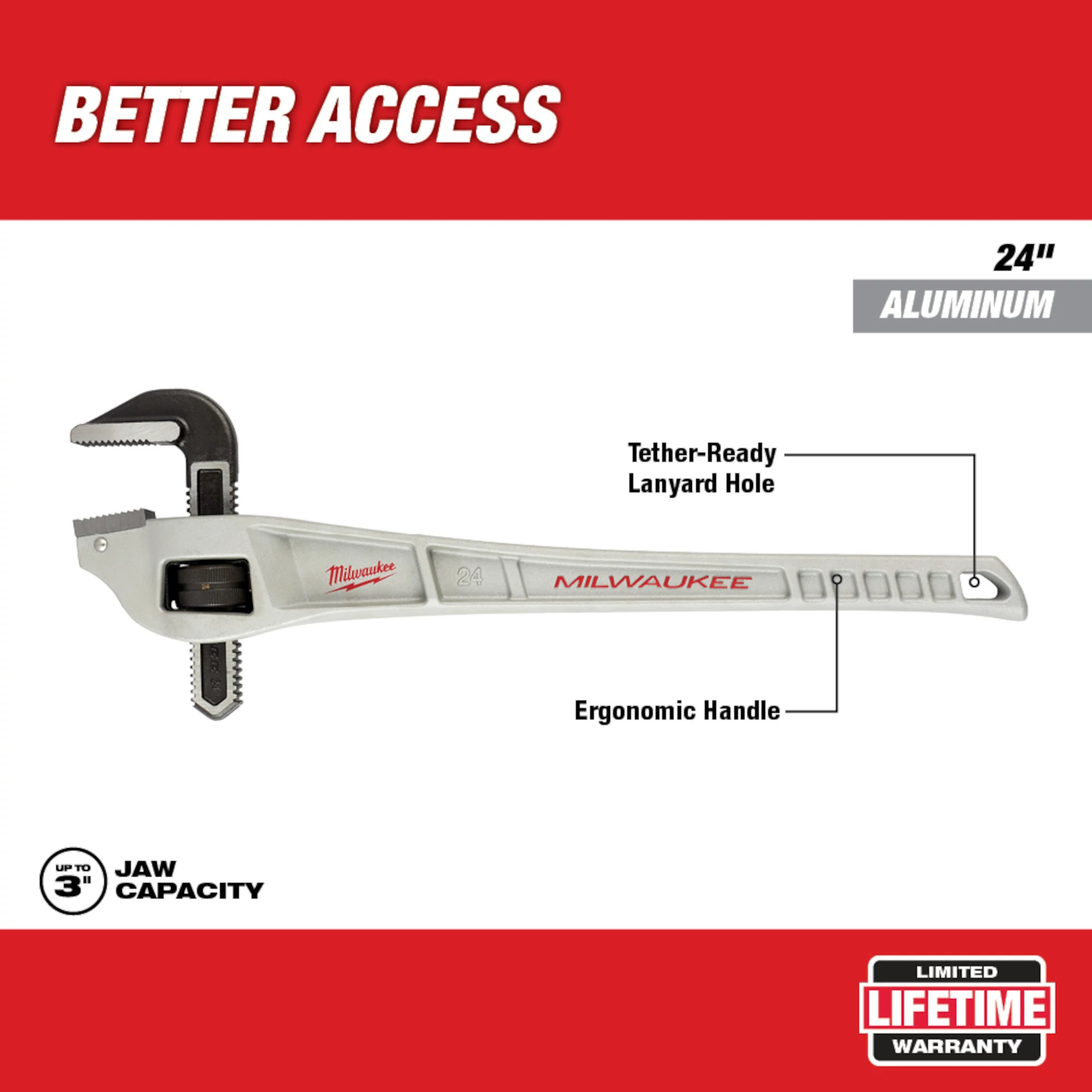 Milwaukee&reg; 48-22-7182 Straight Offset Pipe Wrench, 8 in Pipe, 24 in OAL, Serrated Jaw, Aluminum Handle