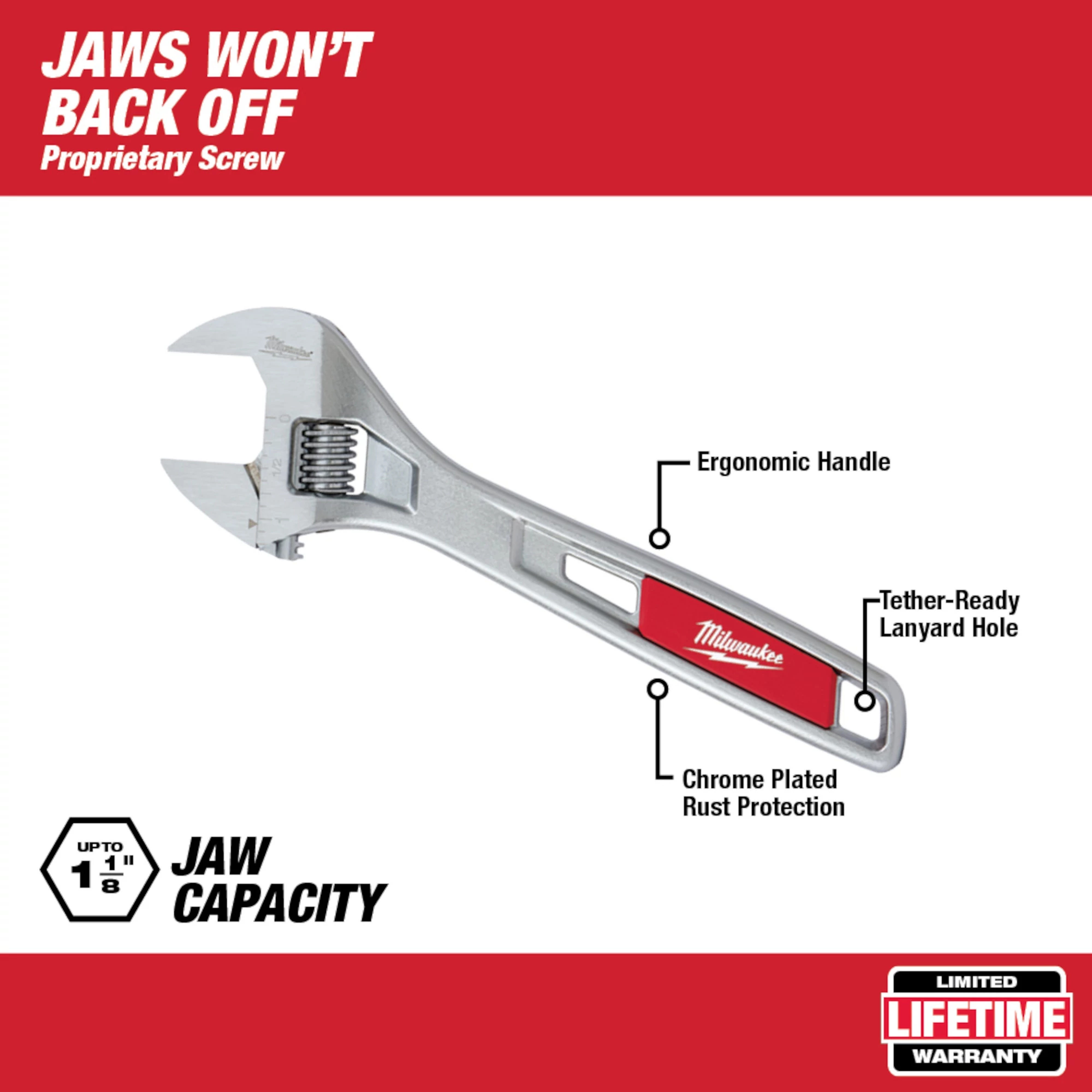 Milwaukee&reg; 48-22-7408 Uninsulated Adjustable Wrench, 1-1/8 in, Polished Chrome, 8 in OAL, Steel Body, ASME Specified, Steel