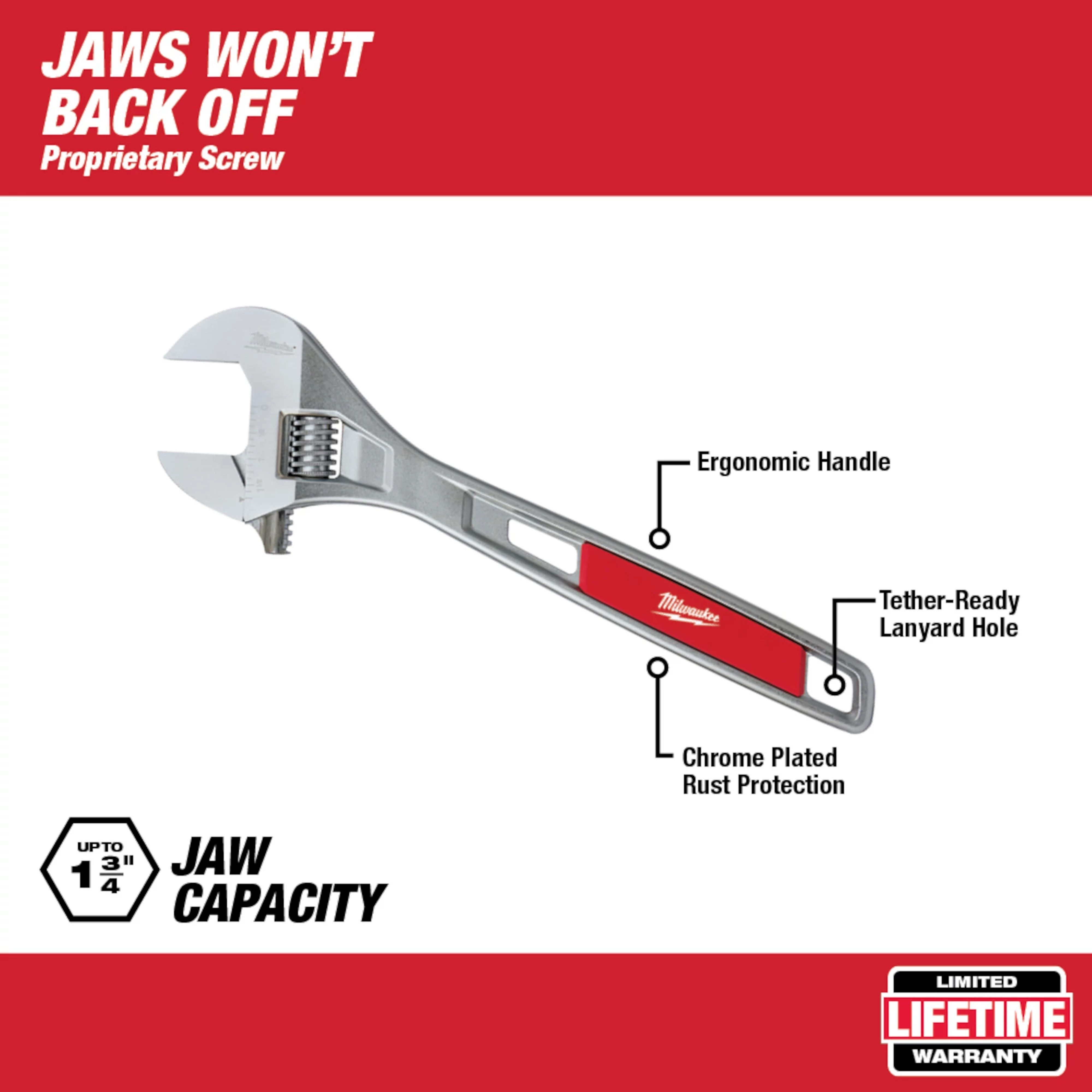Milwaukee&reg; 48-22-7415 Uninsulated Adjustable Wrench, 1-3/4 in, Polished Chrome, 15 in OAL, Steel Body, ASME Specified, Steel