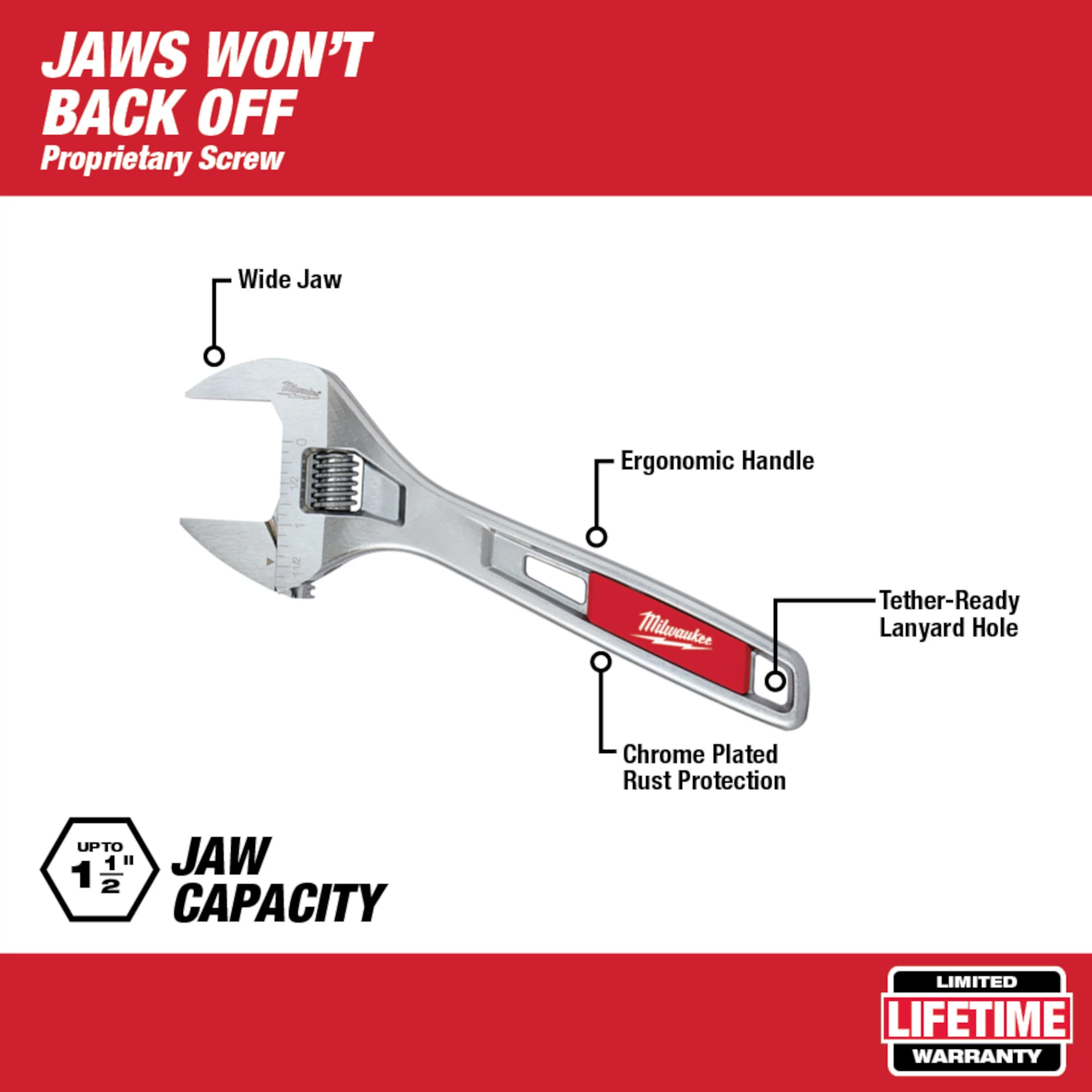 Milwaukee&reg; 48-22-7508 Uninsulated Adjustable Wrench, 1-1/2 in, Polished Chrome, 8 in OAL, Steel Body, ASME Specified, Steel