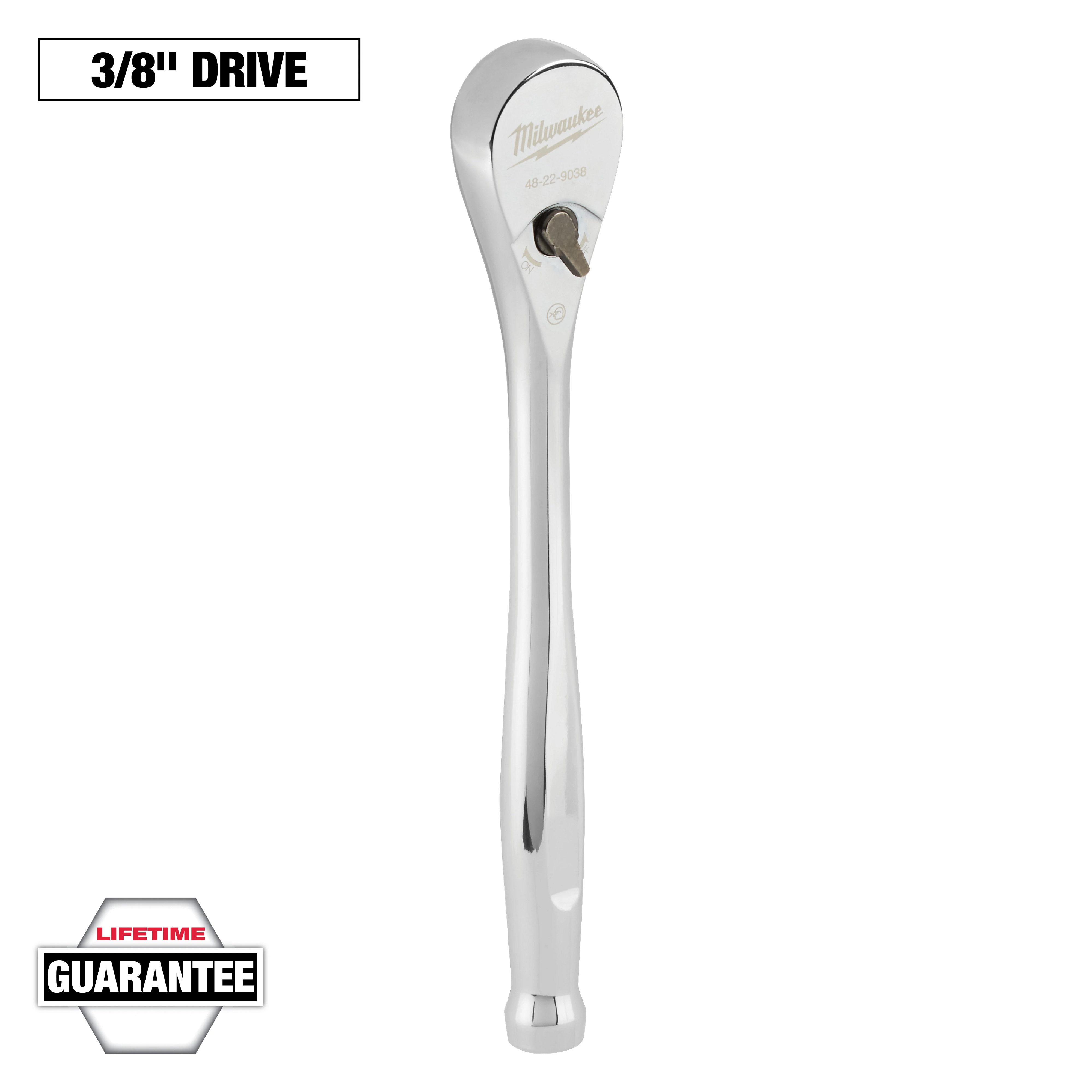 Milwaukee&reg; 48-22-9038 Manual Slim Profile Drive Ratchet, 3/8 in Drive, Square Head, 8-1/2 in OAL, Steel, Polished Chrome