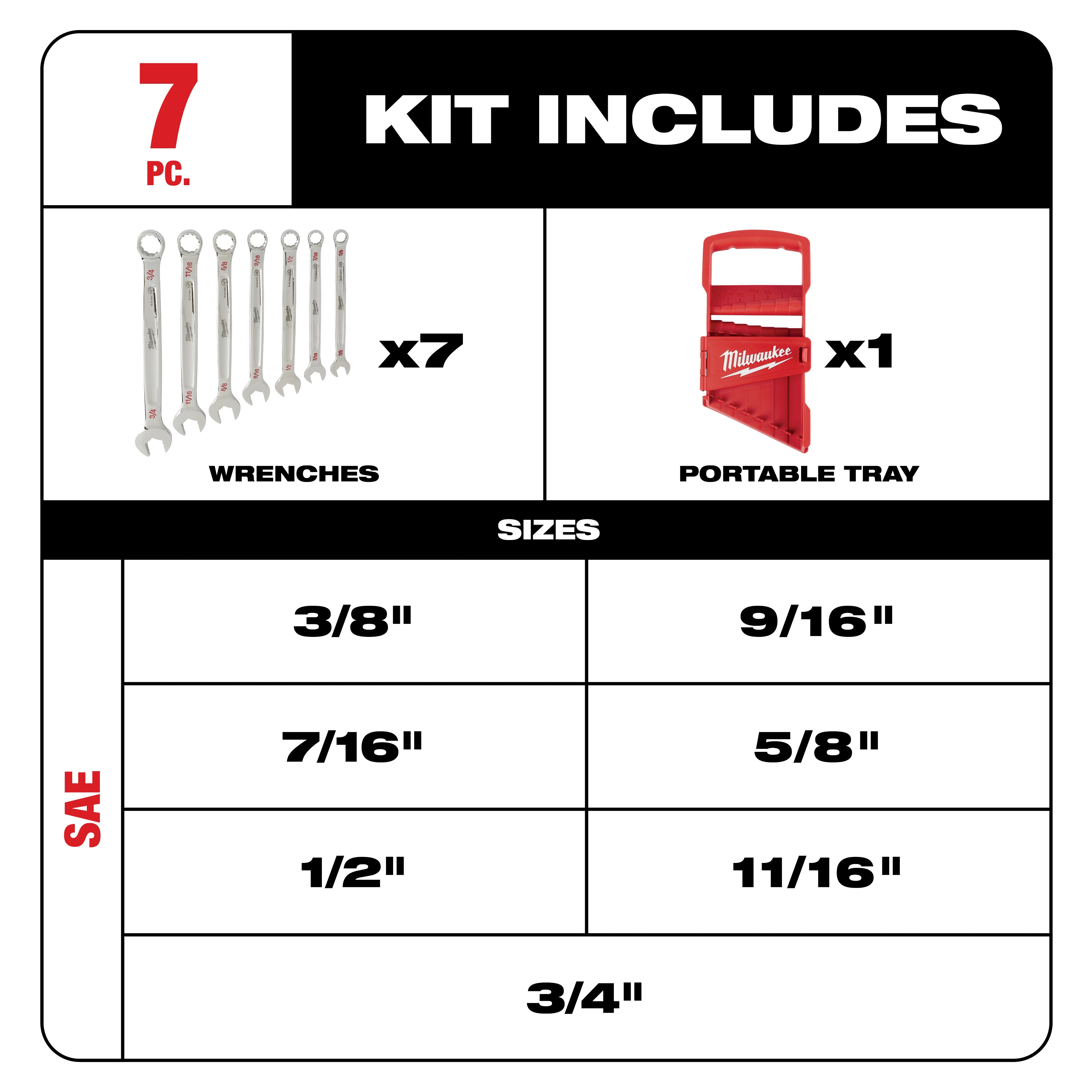 Milwaukee&reg; 48-22-9407 Combination Wrench Set, 7 Pieces