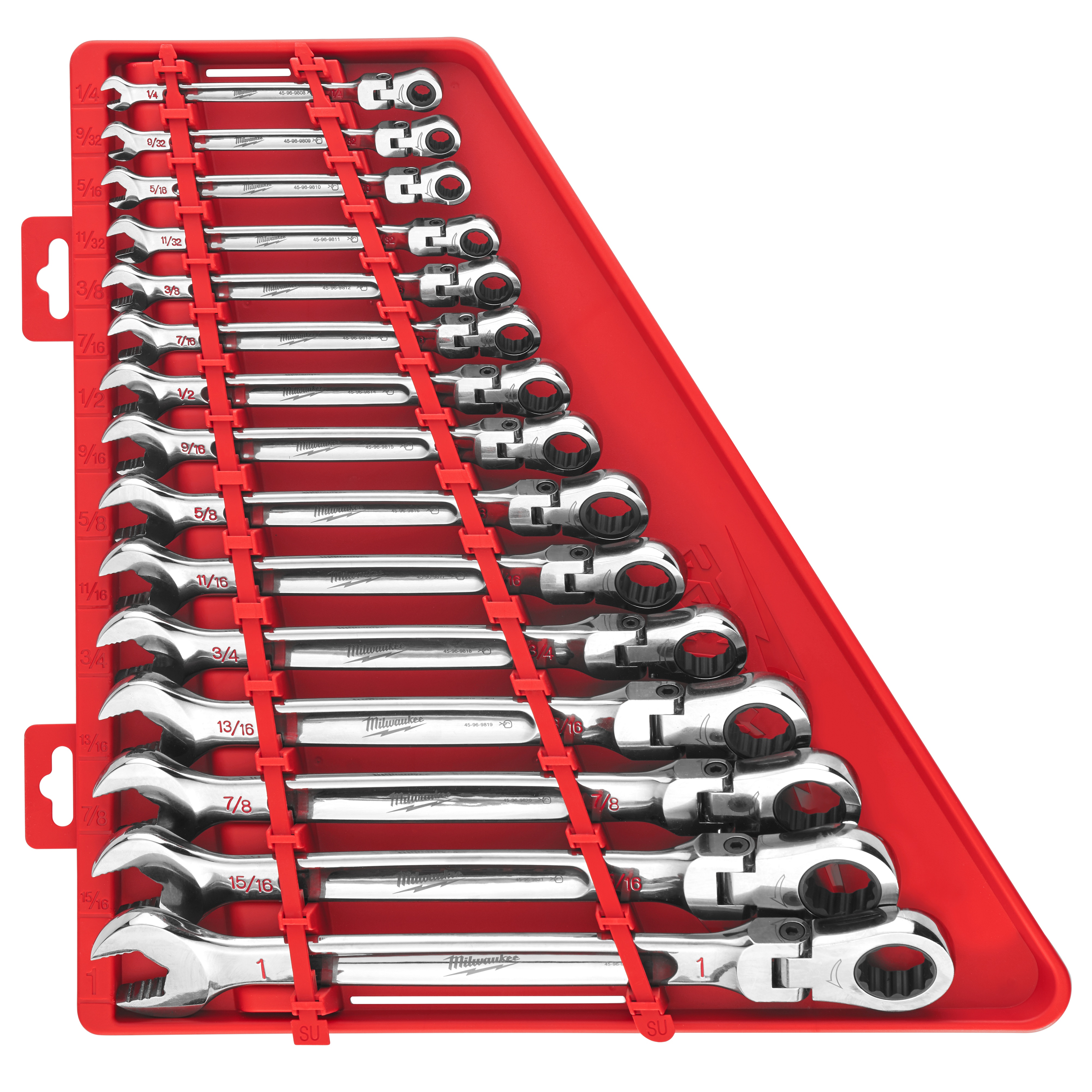 Milwaukee&reg; 48-22-9413 Flex Head Ratcheting Non-Lockable Combination Wrench Set, 15 Pieces, 1/4 to 1 in, Polished Chrome