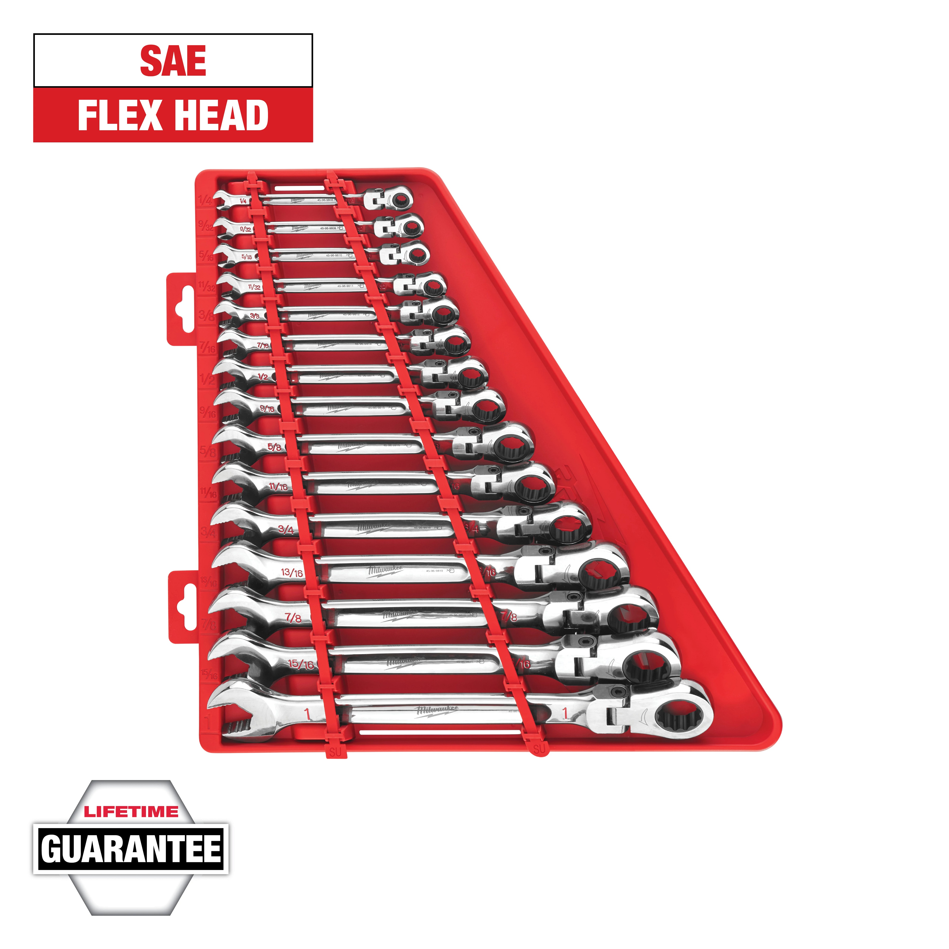 Milwaukee&reg; 48-22-9413 Flex Head Ratcheting Non-Lockable Combination Wrench Set, 15 Pieces, 1/4 to 1 in, Polished Chrome