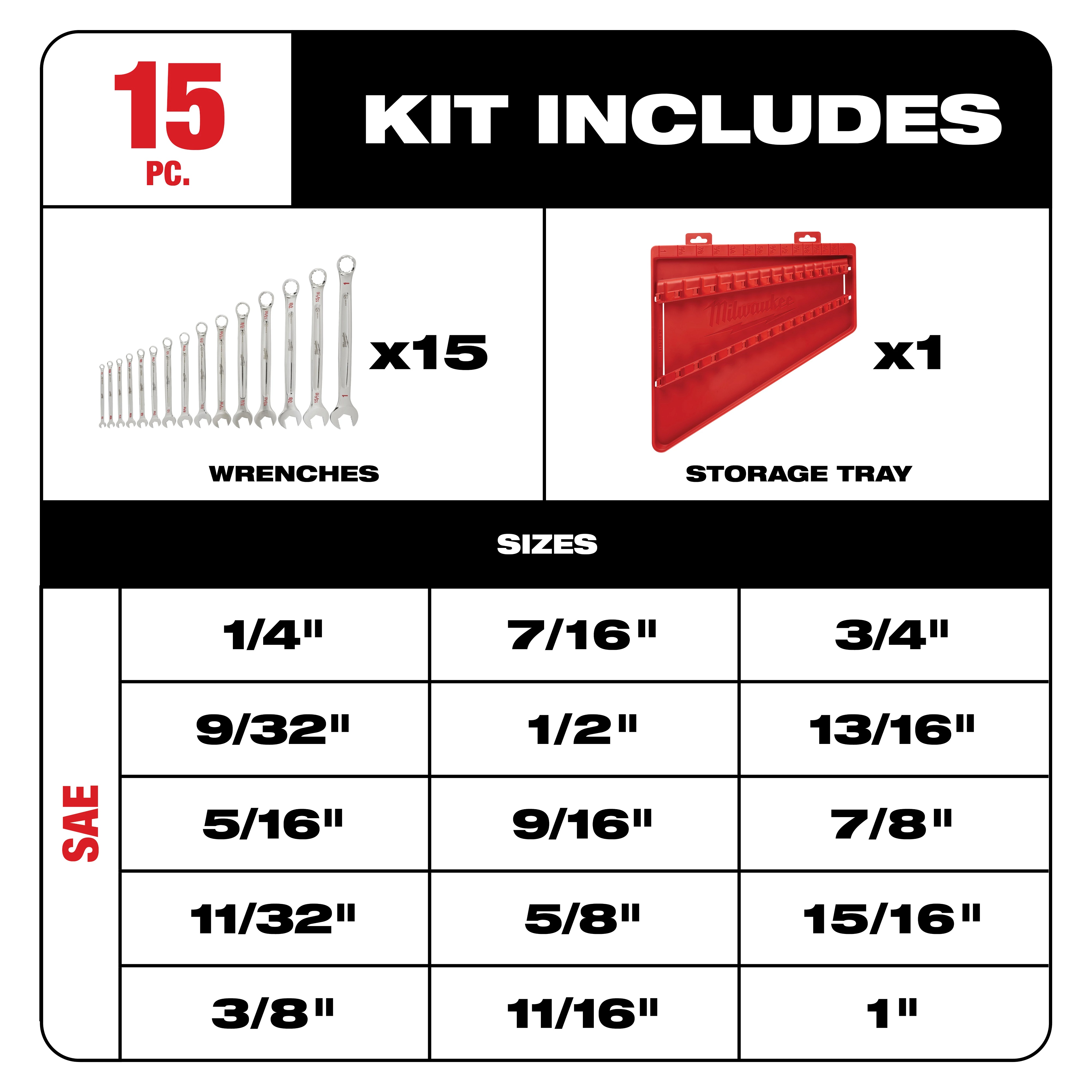 Milwaukee&reg; 48-22-9415 Combination Wrench Set, 15 Pieces