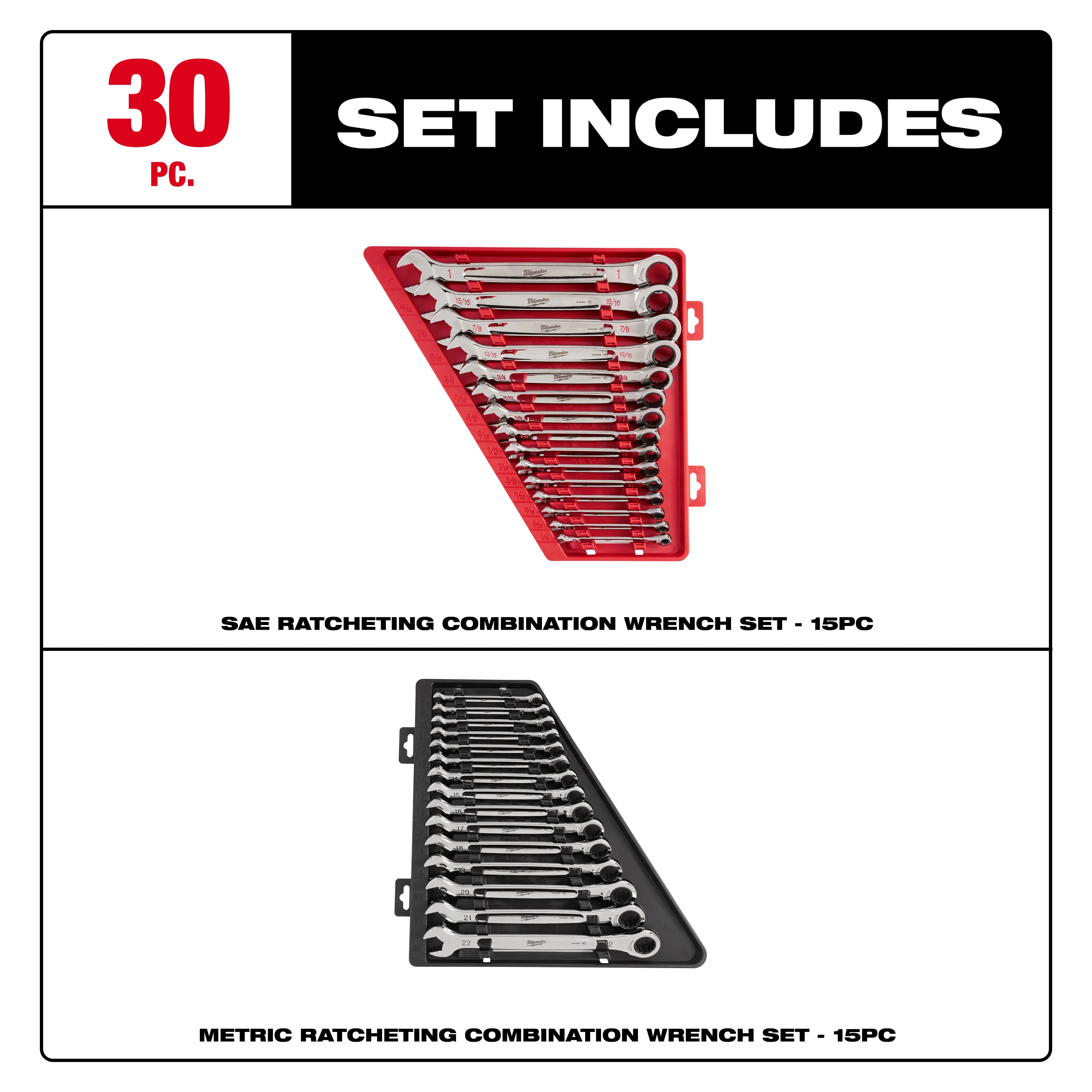 Milwaukee&reg; MAX BITE&trade; 48-22-9416 Combination Ratcheting Wrench Set, 15 Pieces, Polished Chrome