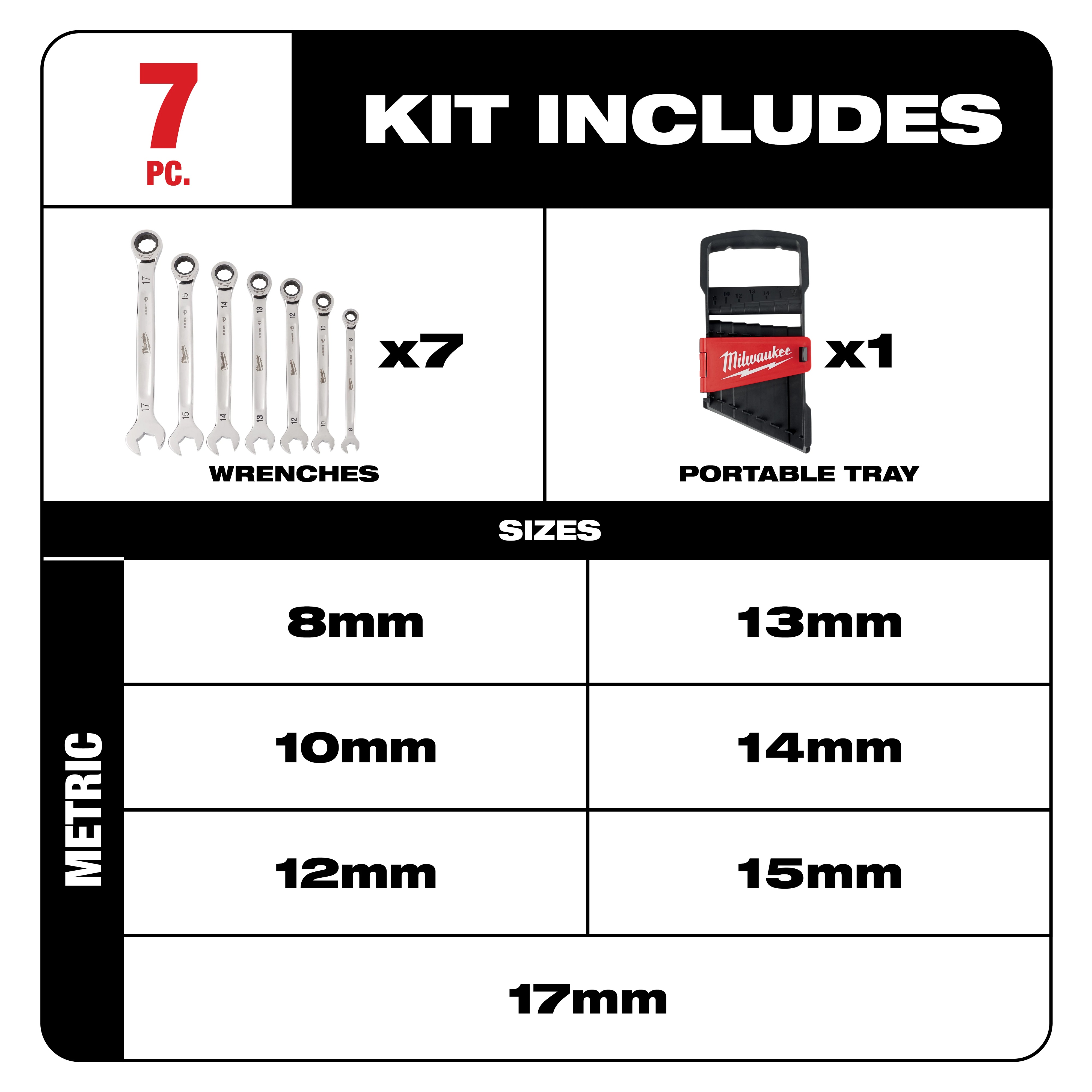 Milwaukee&reg; MAX BITE&trade; 48-22-9506 Combination Ratcheting Wrench Set, 7 Pieces, Polished Chrome