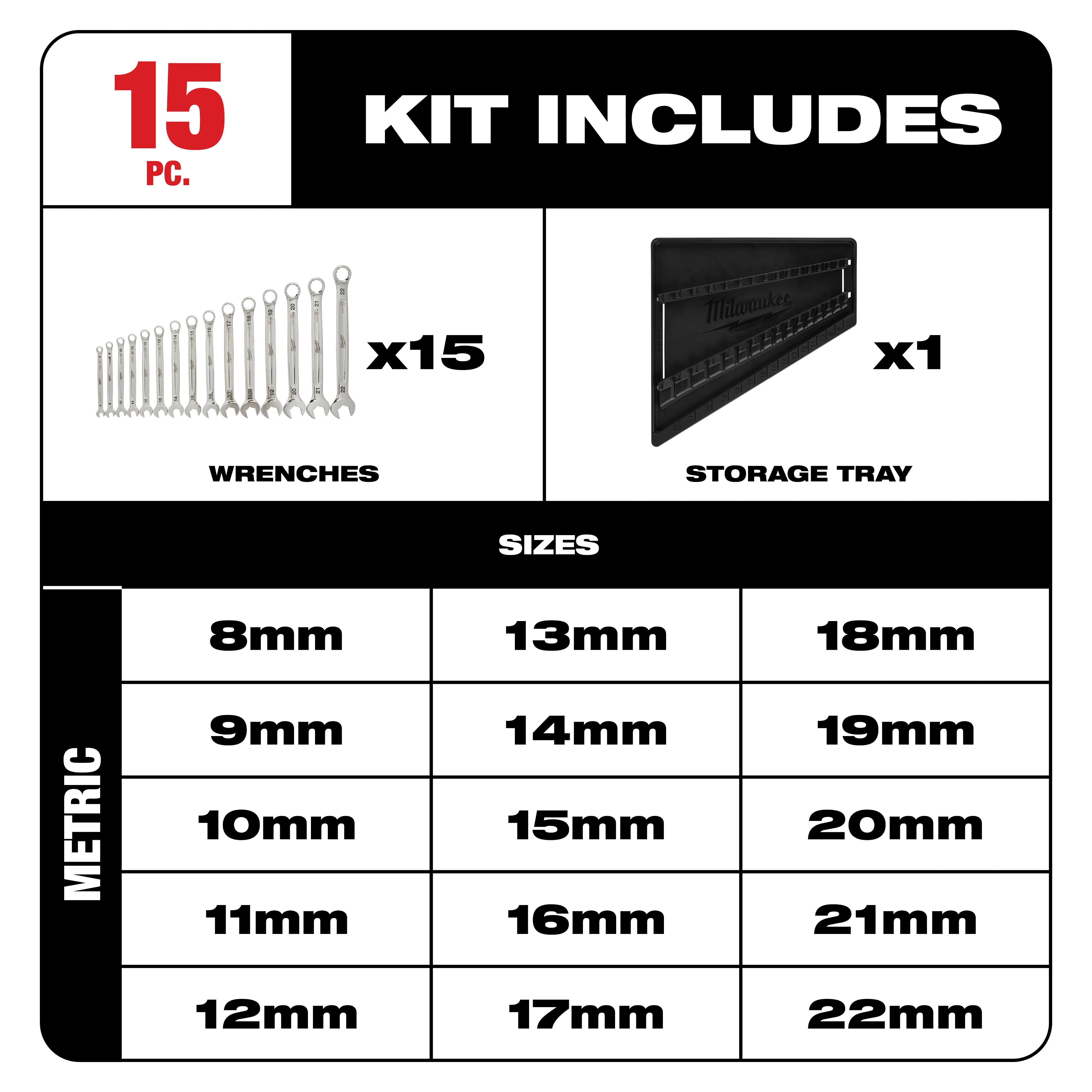 Milwaukee&reg; 48-22-9515 Combination Wrench Set, 15 Pieces