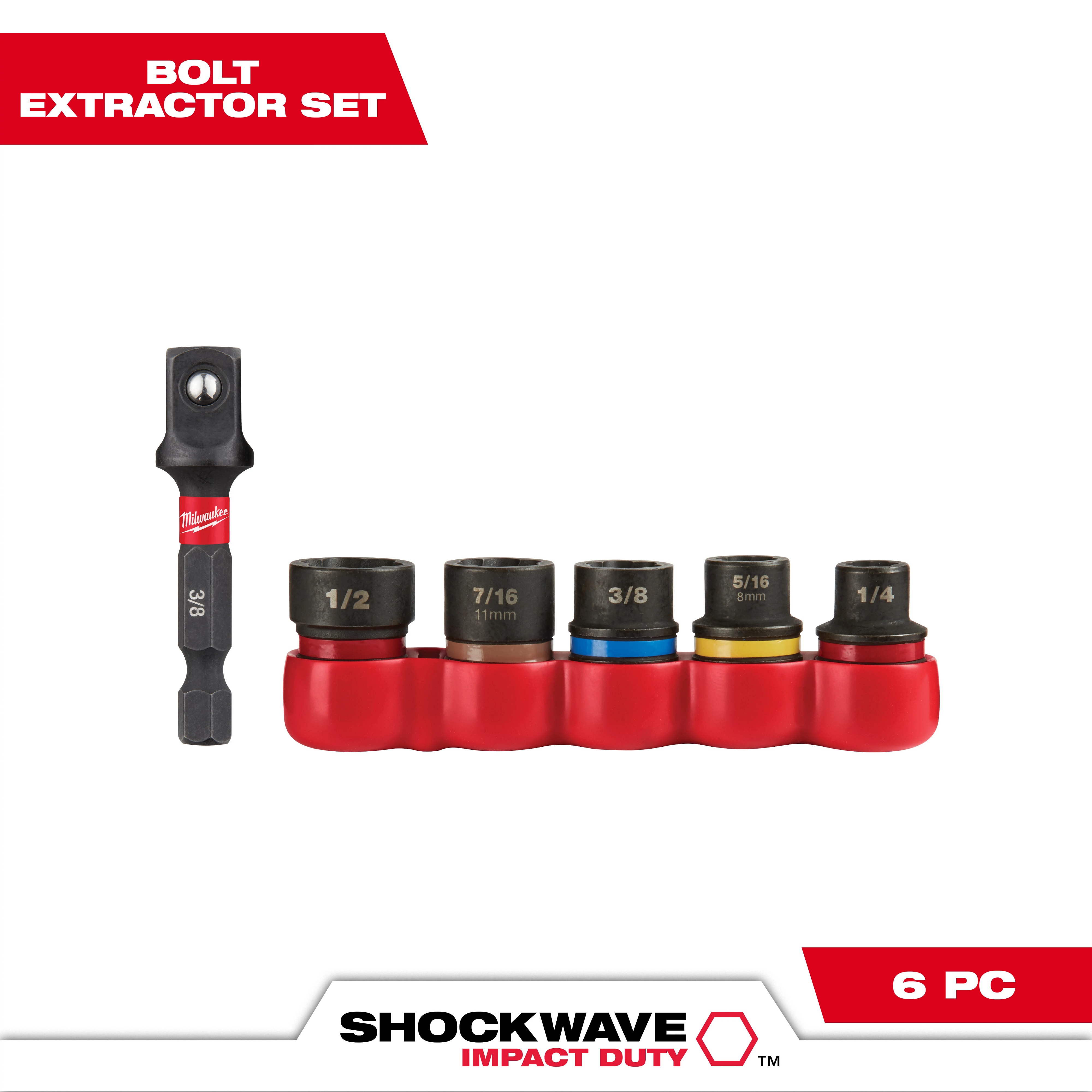 Milwaukee&reg; SHOCKWAVE&trade; 48-32-8000 Impact Extractor Set, For Use With Quick-Change Impact Driver and 1/4 to 1/2 in Common Sized Fastener, 1/4 in, 5/16 in, 3/8 in, 7/16 in, 1/2 in Bit/Drill Size, 1/4 in Shank Dia, Hexagonal Shank