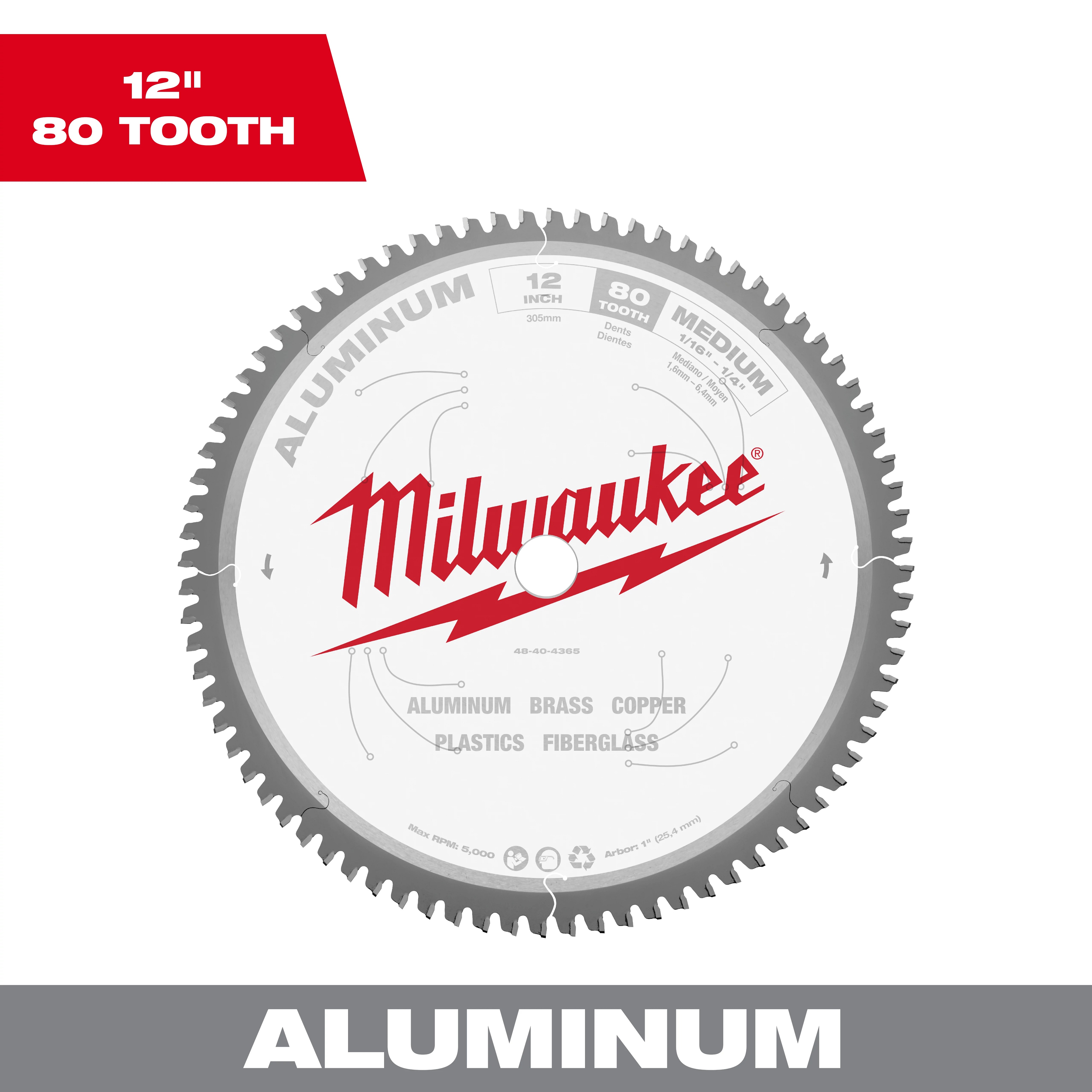 Milwaukee&reg; 48-40-4365 Laser-Cut Circular Saw Blade, 12 in Dia x 0.05 in THK, 1 in Arbor, 80 Teeth