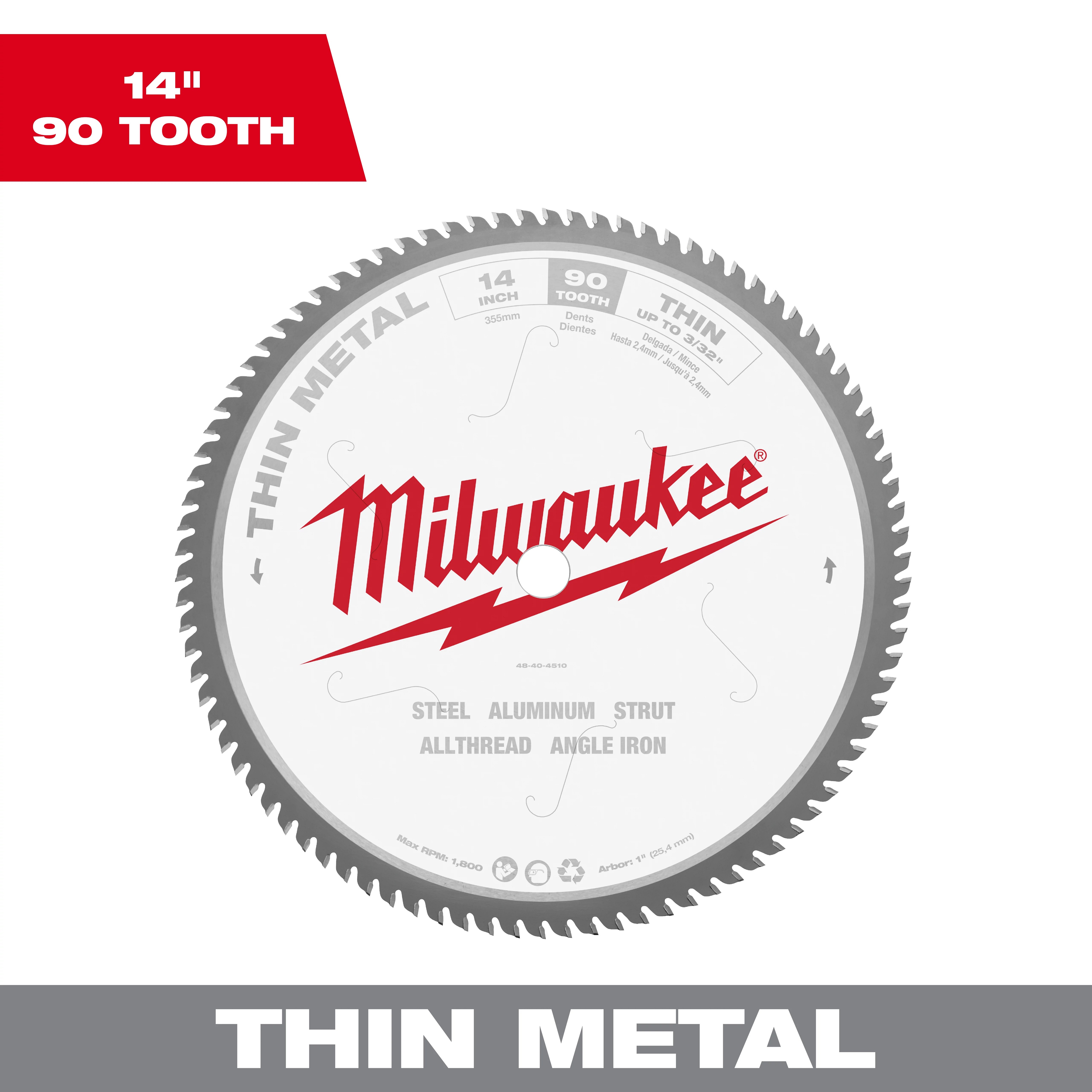 Milwaukee&reg; 48-40-4510 Circular Saw Blade, 14 in Dia x 0.071 in THK, 1 in Arbor, Hardened Steel Blade, 90 Teeth