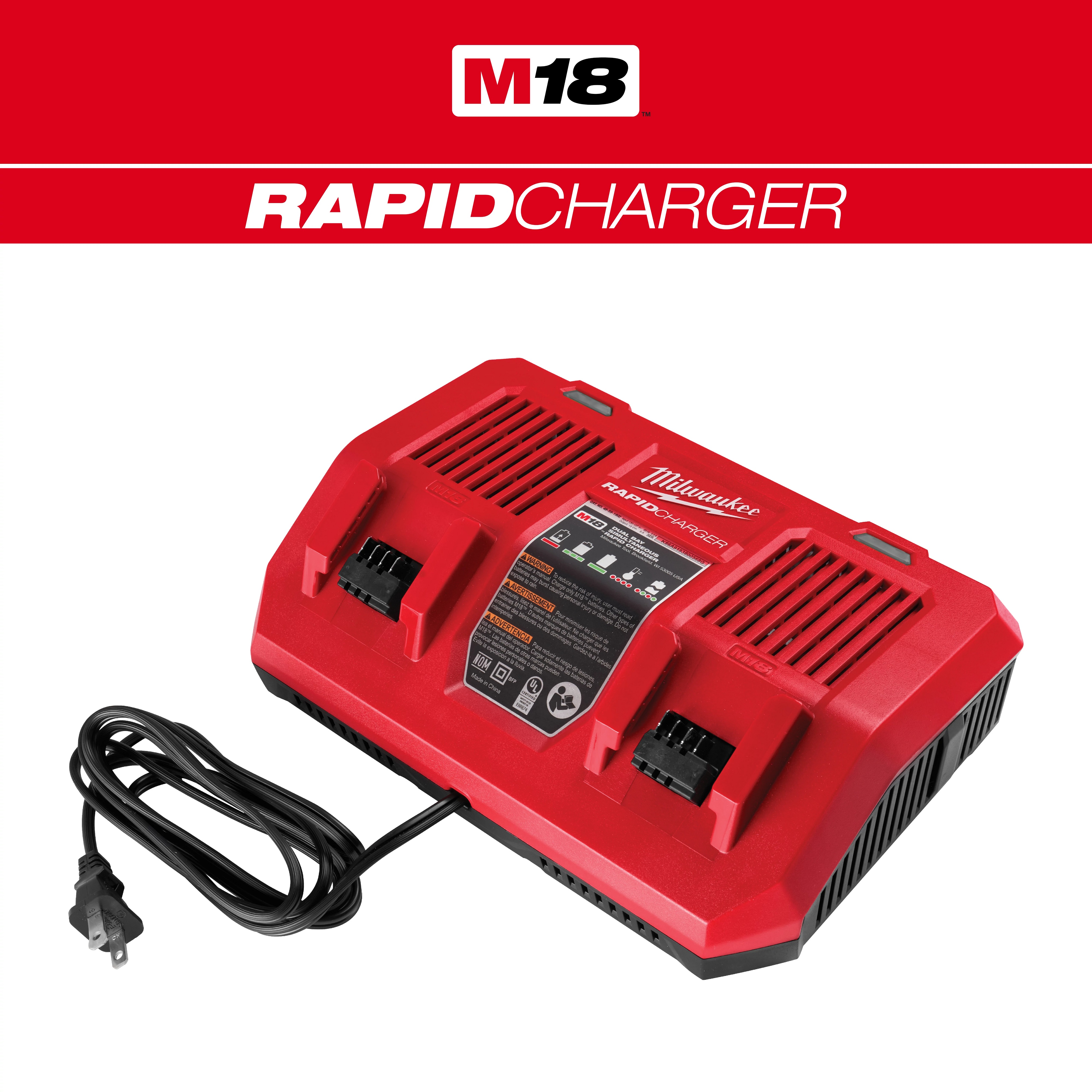 Milwaukee&reg; M18&trade; 48-59-1802 1-Port Dual Bay Simultaneous Rapid Charger, For Use With M18&trade; Li-Ion Battery, Li-Ion Battery, 2 hr Charging