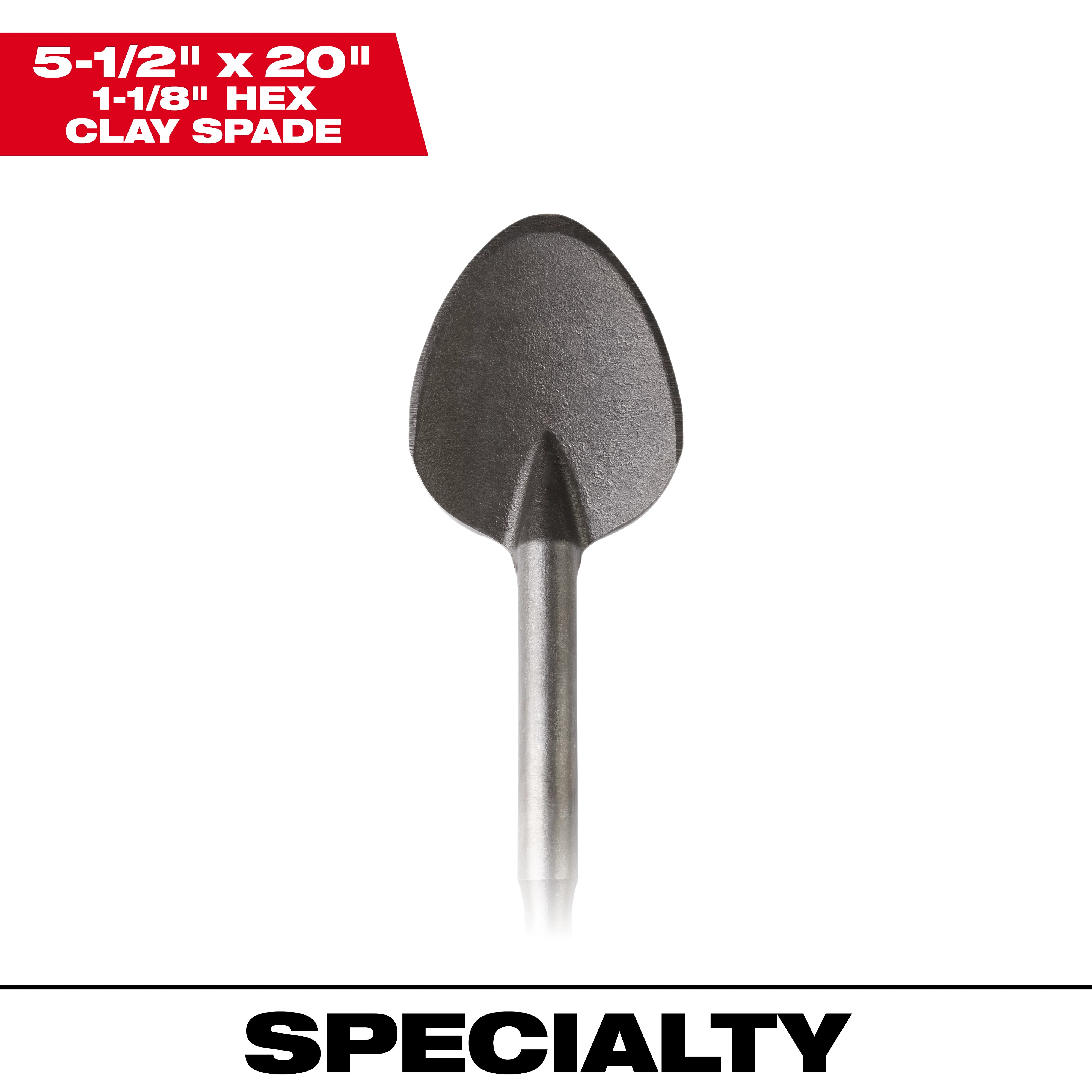 Milwaukee&reg; 48-62-4030 Clay Spade, For Use With Demolition Hammers, 5-1/2 in W Head, 20 in OAL, 1-1/8 in Collared Hex Shank with Notch