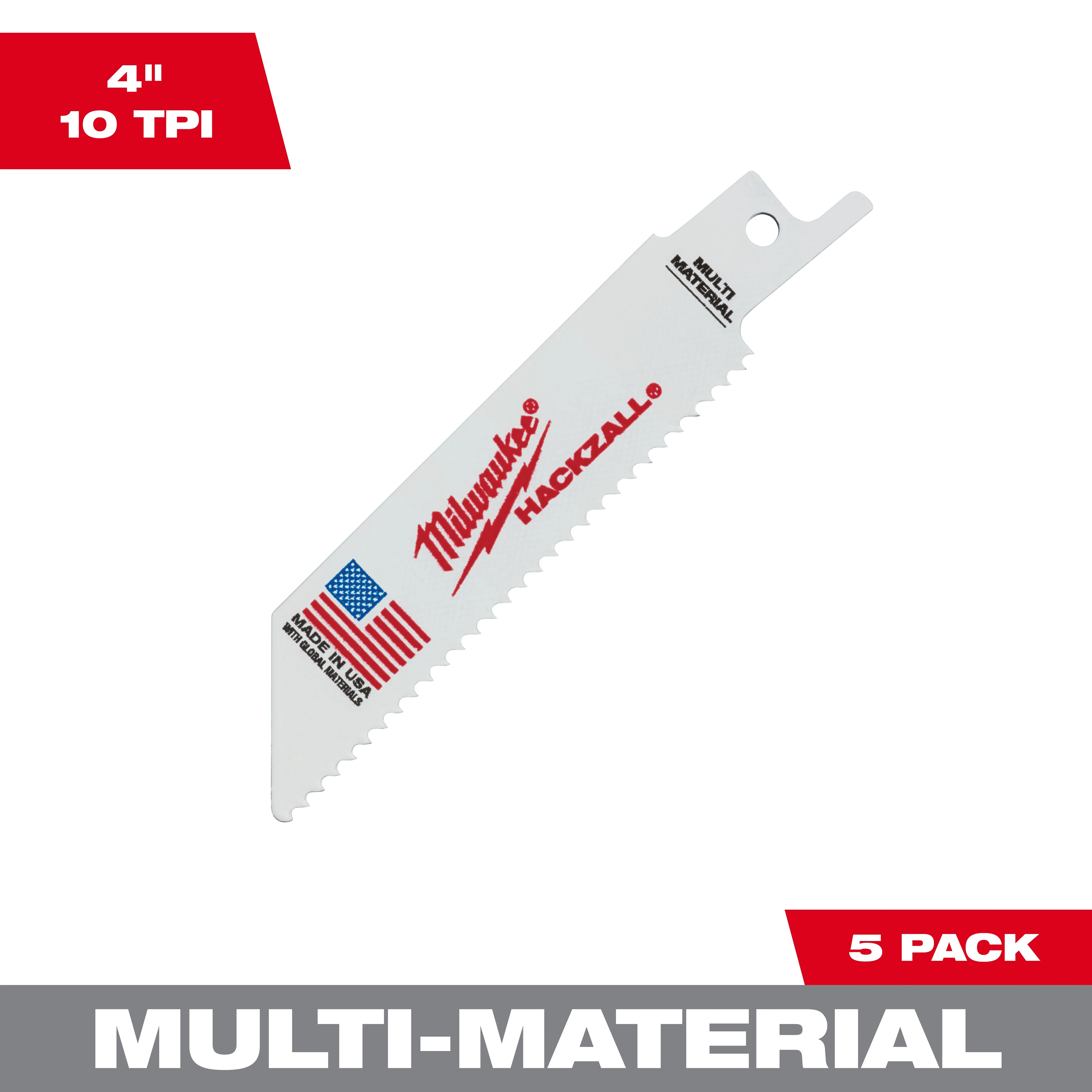 Milwaukee&reg; HACKZALL&trade; 49-00-5410 Straight Back Thin Kerf Reciprocating Saw Blade, 4 in L x 3/4 in W, 10 TPI, Bi-Metal Body, Universal/Toothed Edge Tang