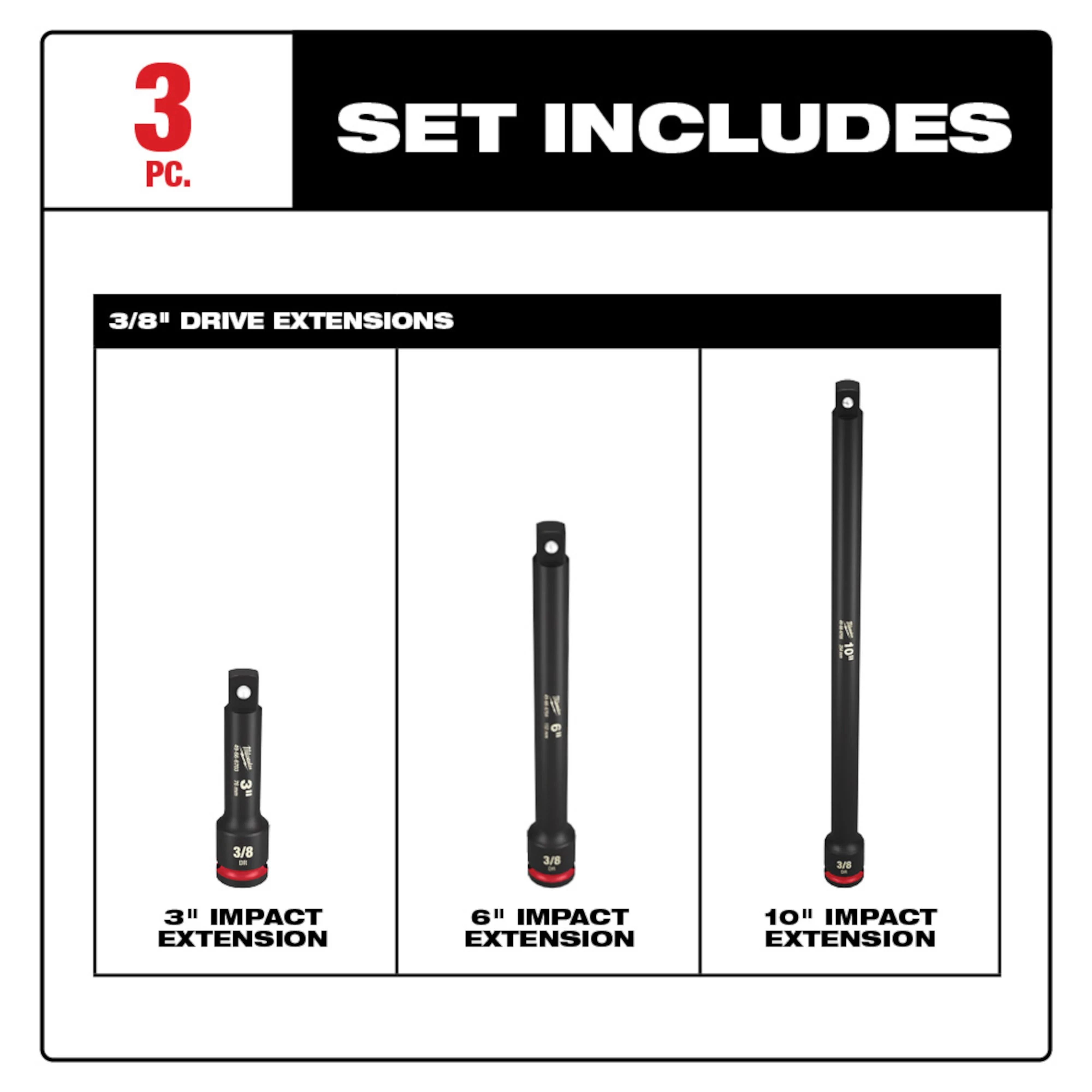 Milwaukee&reg; SHOCKWAVE&trade; Impact Duty&trade; 49-66-6714 Dual Hole Extension Set, 3/8 in Drive, 3, 6 and 10 in Extensions, 3 Pieces